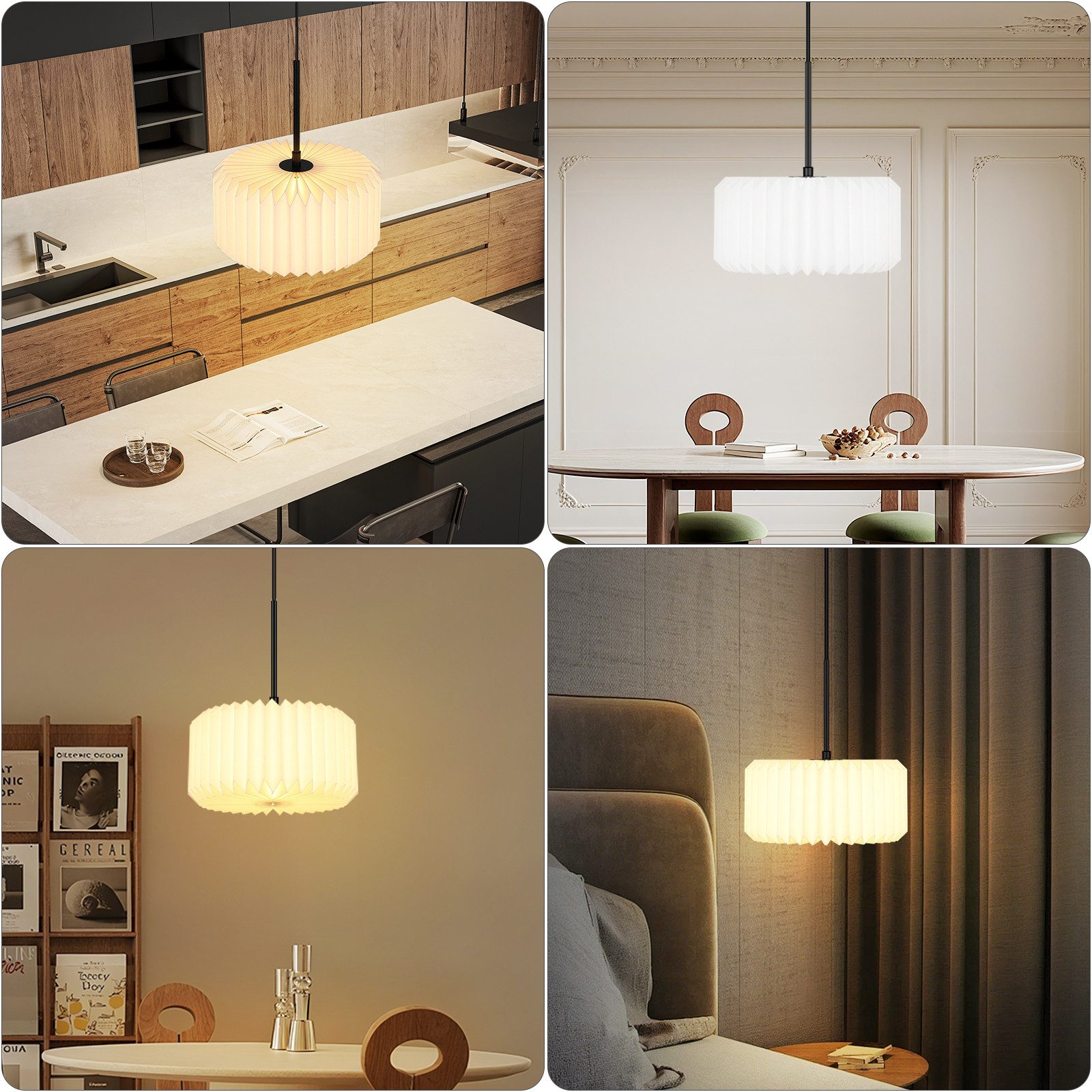 Quattro immagini mostrano lampade di carta. La prima è sopra un'isola della cucina. Altre sono in sale da pranzo e in una camera da letto.