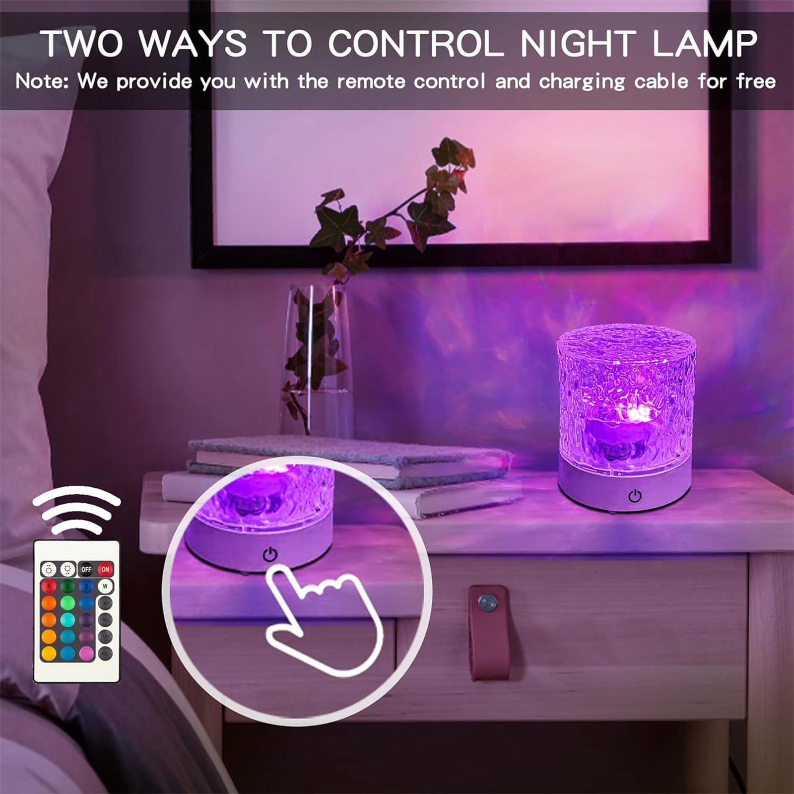 Eine Nachttischlampe mit Fernbedienung, mit Touch-Steuerung, auf einem Nachttisch. Lila Licht und ein gerahmtes Bild sind im Hintergrund.
