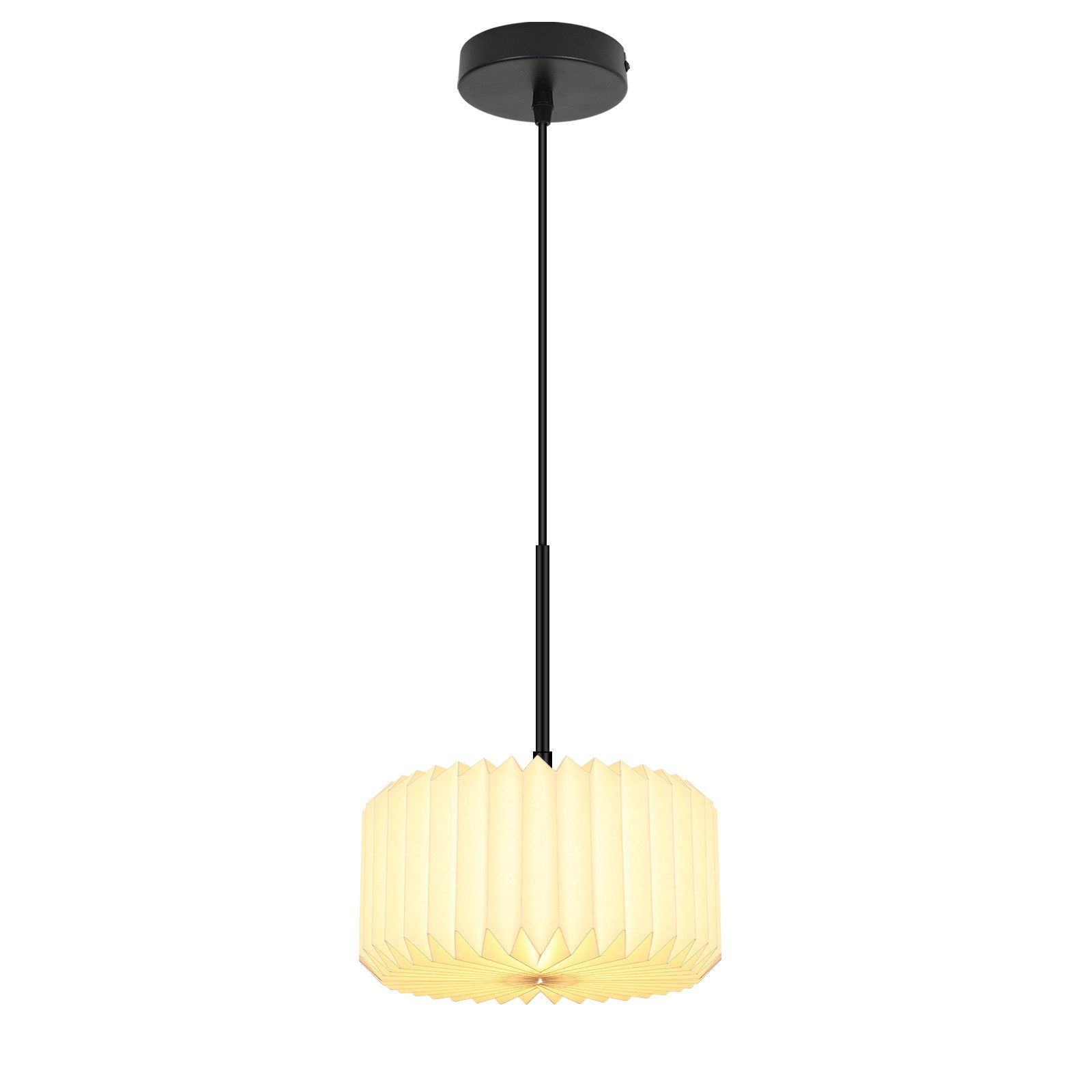 Una moderna lampada a sospensione con stelo nero e paralume in carta piegata bianco sporco, su sfondo bianco.