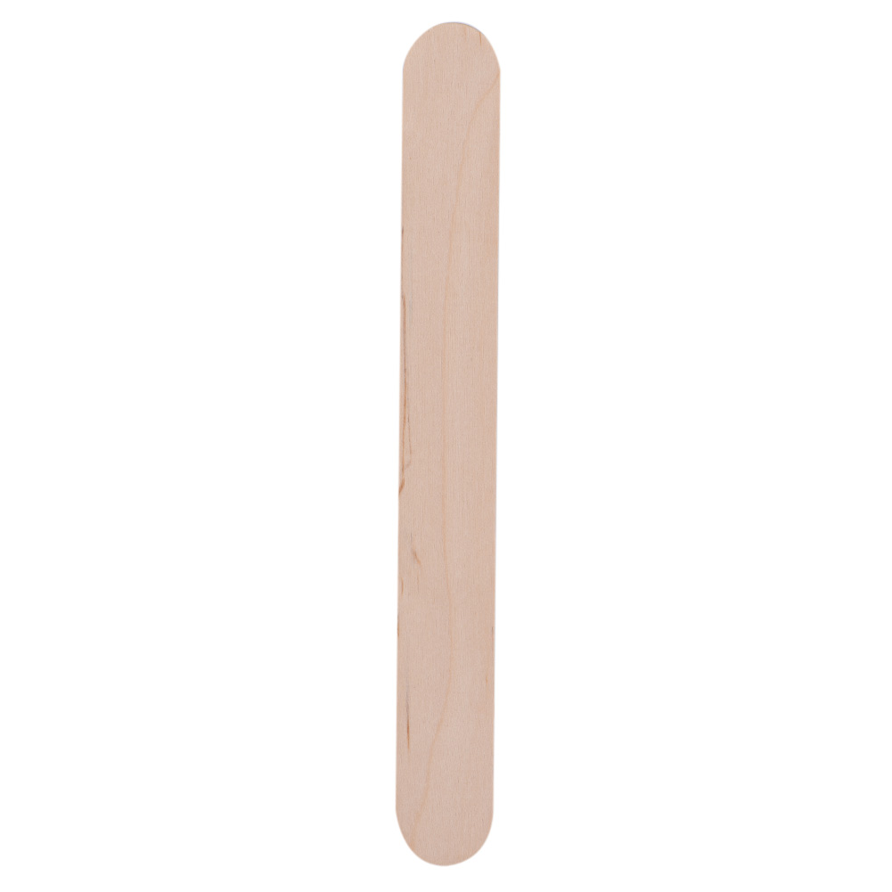 Ein einzelner, hellfarbener Zungenspatel aus Holz steht senkrecht vor einem weißen Hintergrund.