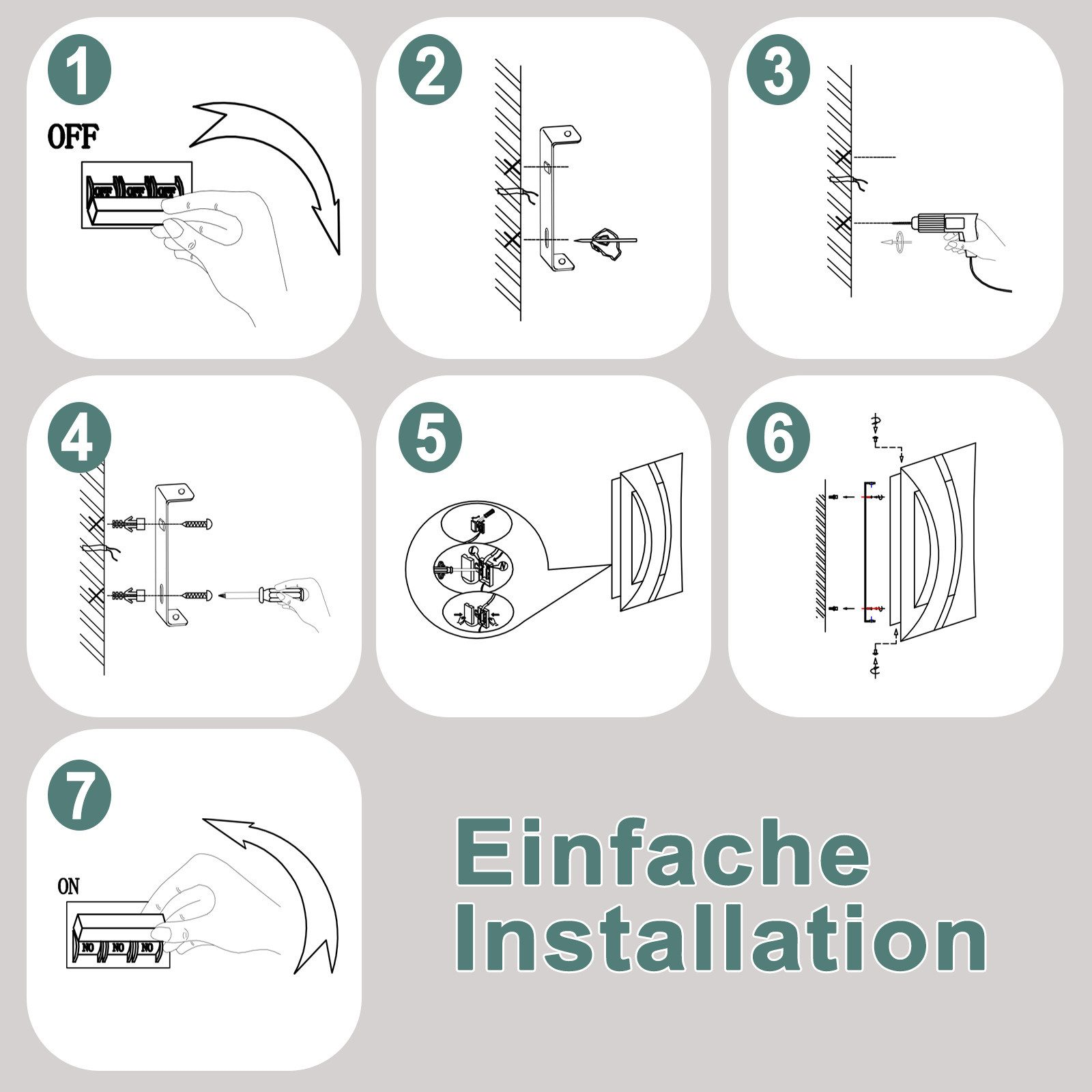Il diagramma mostra i passaggi per una semplice installazione. Include immagini di strumenti, viti e un interruttore che si accende e si spegne.
