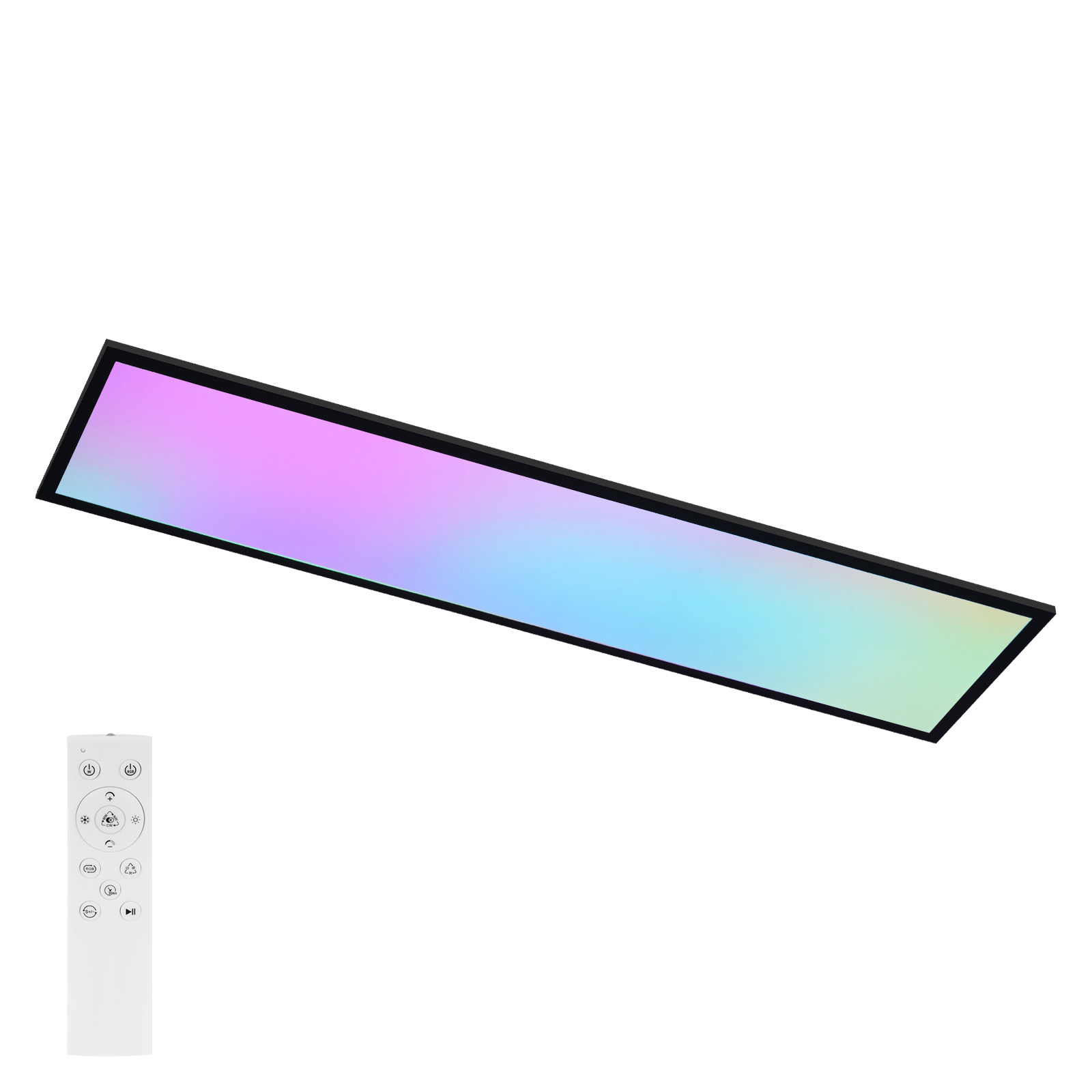 Un apparecchio di illuminazione rettangolare con cornice nera mostra un gradiente di rosa, blu e giallo. Un telecomando bianco a sinistra.