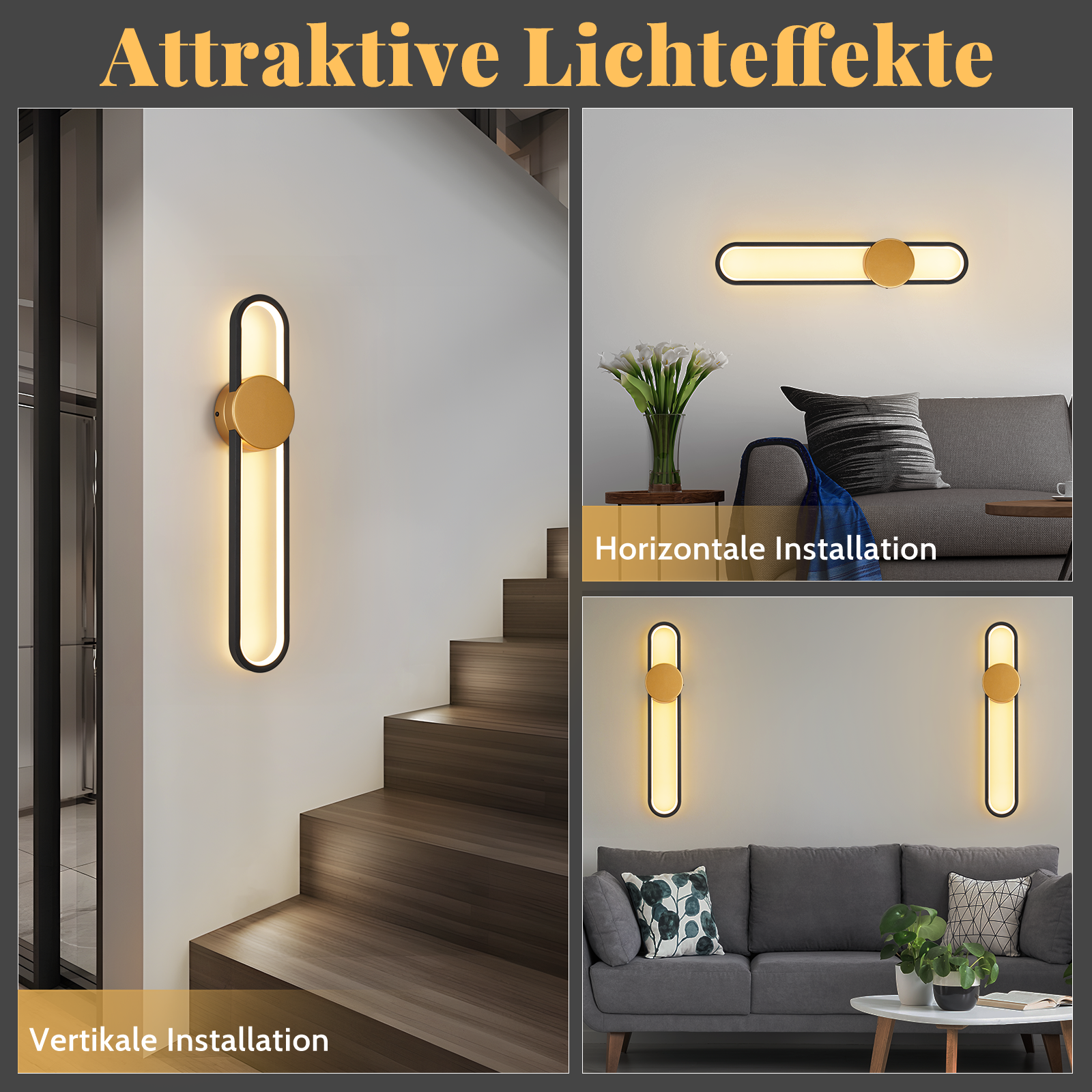 L'immagine mostra moderne applique in diversi ambienti. Sono mostrate installazioni verticali e orizzontali, mostrando il design.