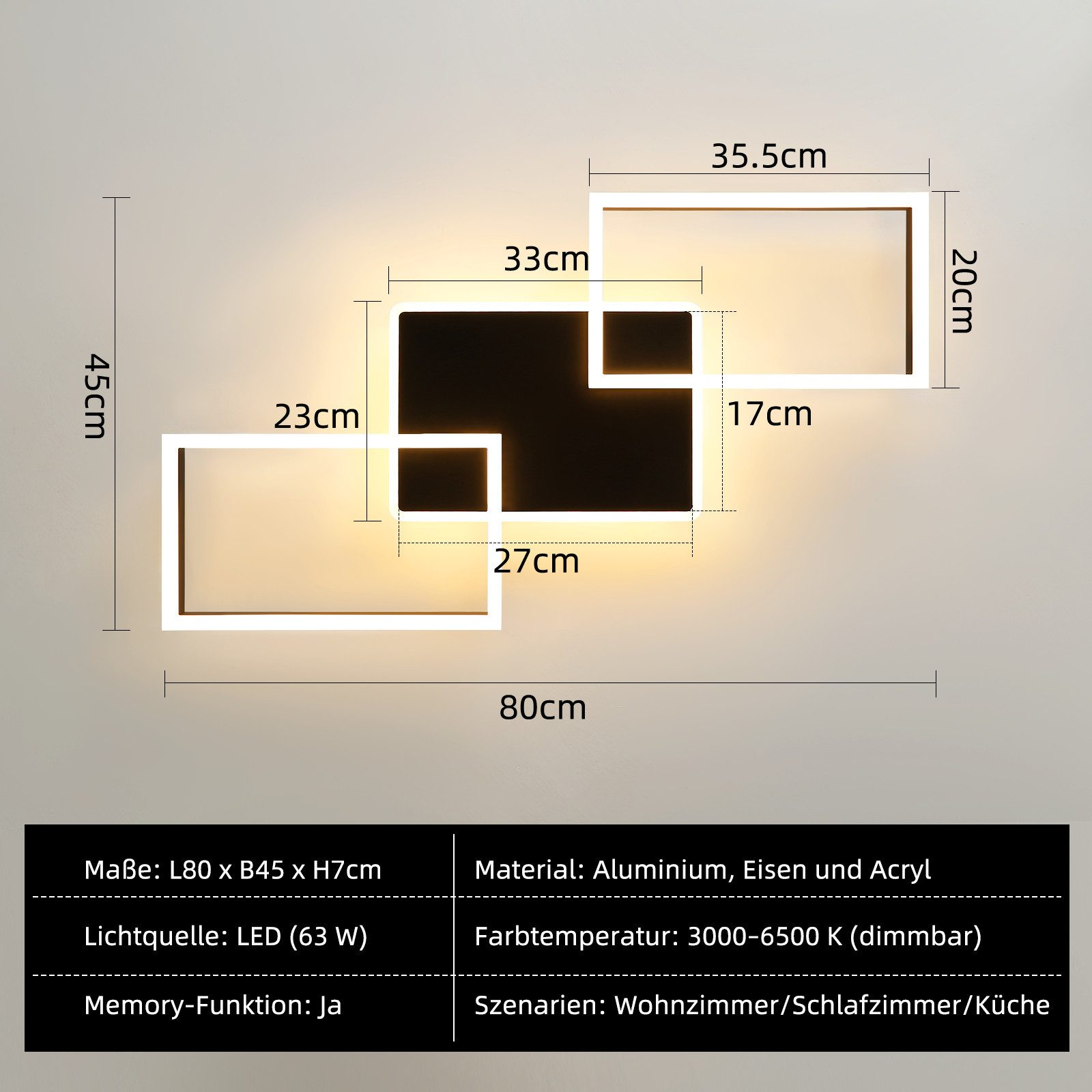 Un moderno apparecchio di illuminazione a LED geometrico con dimensioni e specifiche. Presenta un design in bianco e nero.