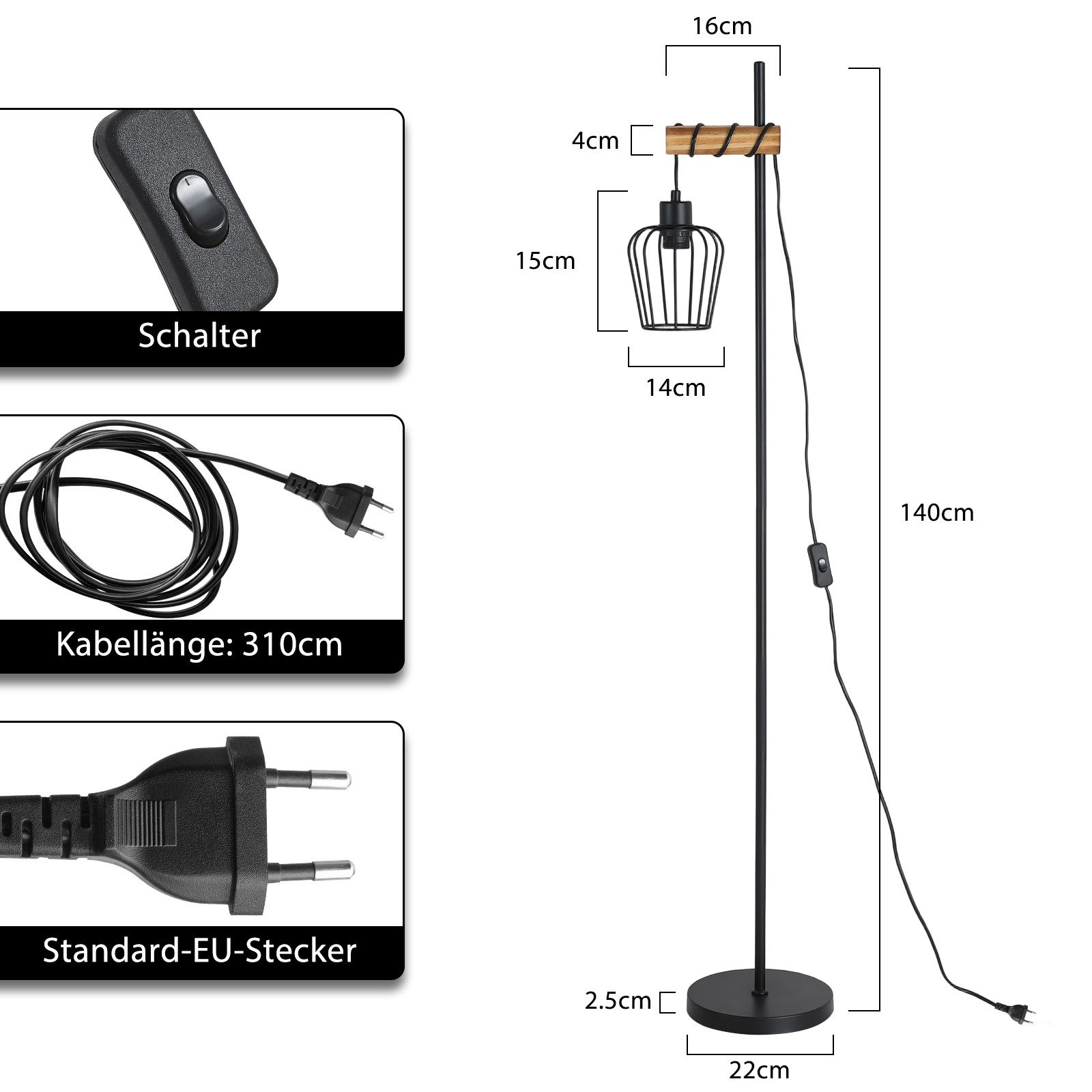 Una lampada da terra nera con paralume a gabbia e trave in legno. Dimensioni fornite.