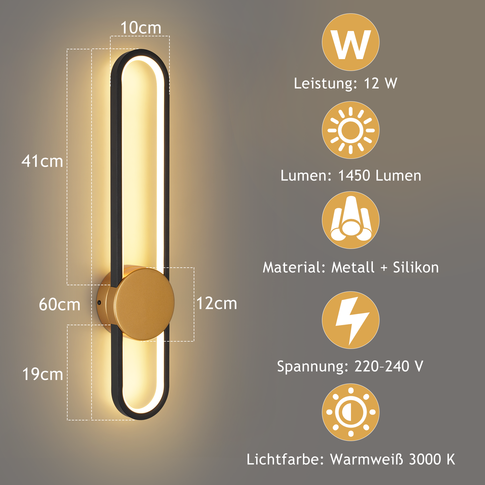 Una moderna lampada da parete con dimensioni. Ha una cornice nera con una base circolare dorata ed emette luce bianca calda.