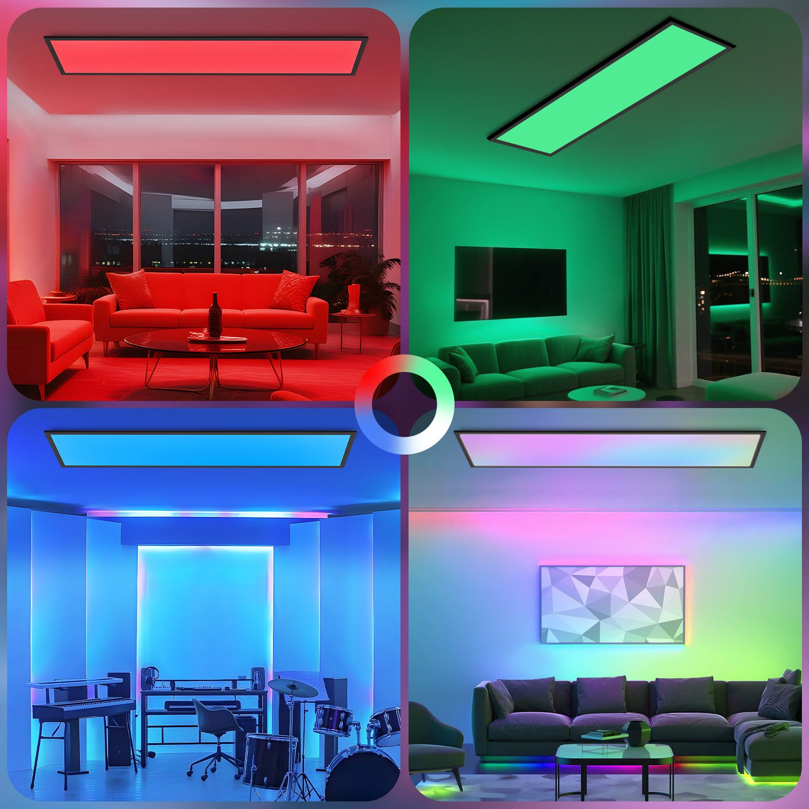 Quattro stanze con luci colorate: soggiorno rosso, soggiorno verde, sala musica blu e una stanza multicolore.