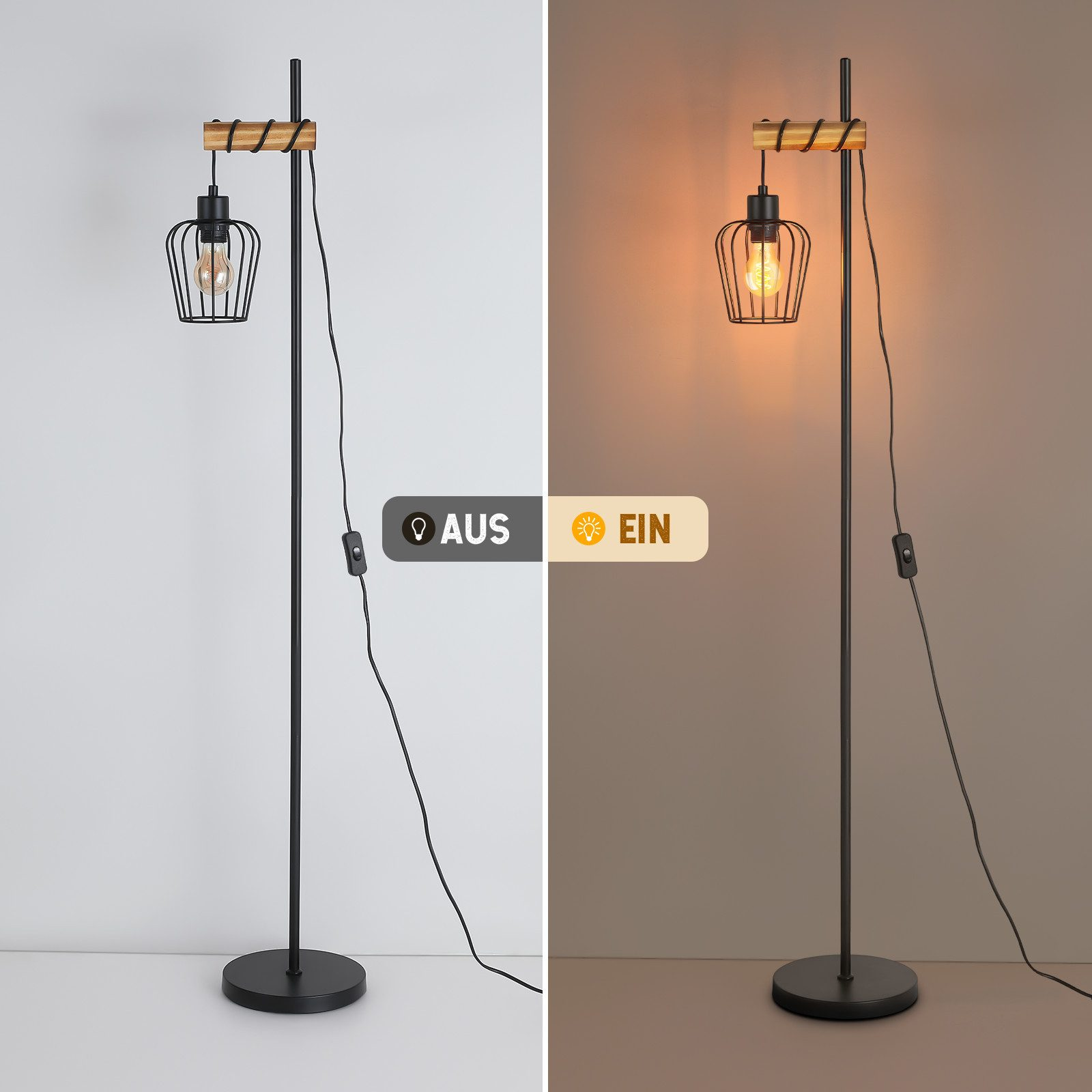 Una lampada da terra con struttura nera e paralume a gabbia. La luce è accesa/spenta. Lo sfondo è bianco/marrone.