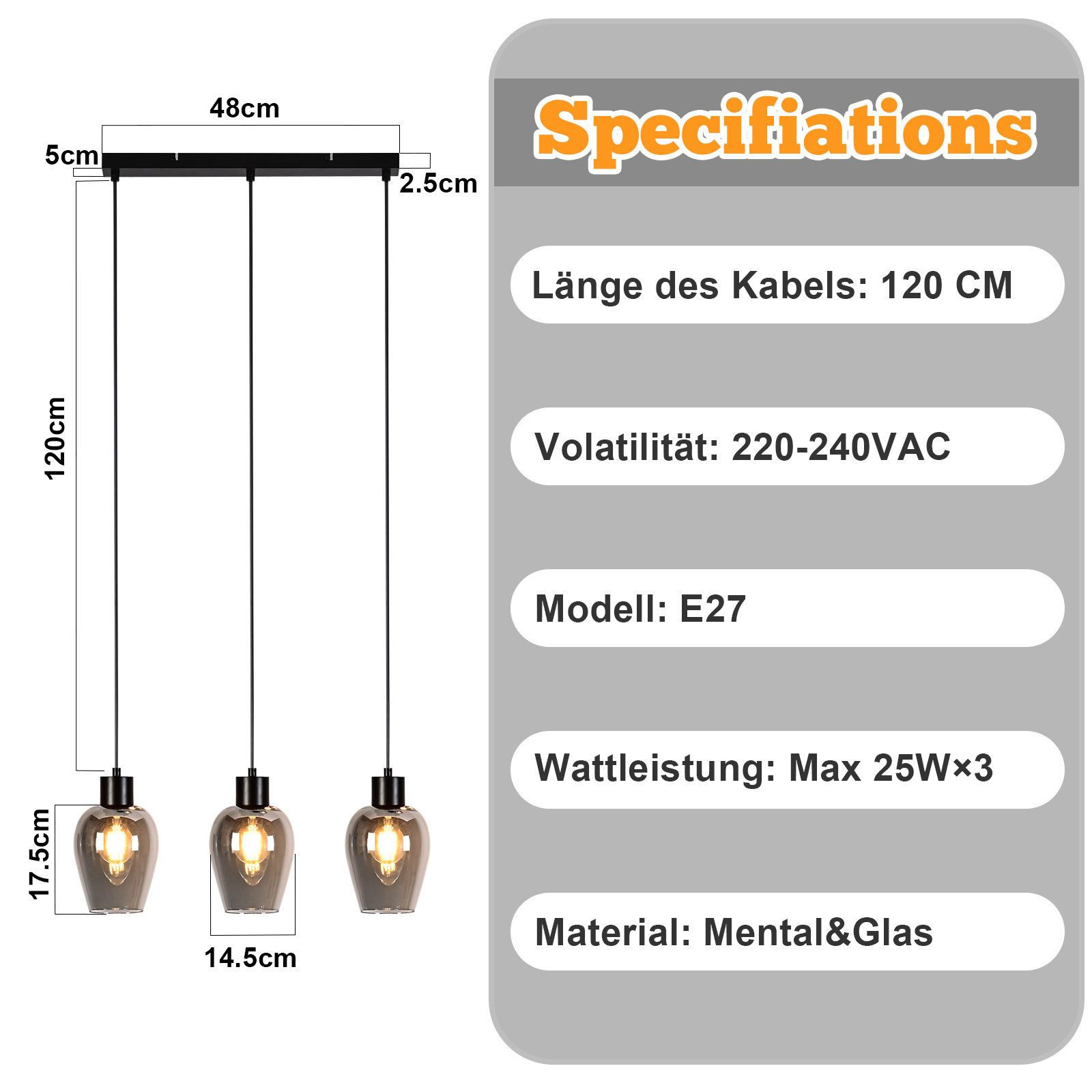 Una lampada a sospensione con tre luci. Specifiche a destra. Sono incluse le dimensioni. Il materiale è metallo e vetro.