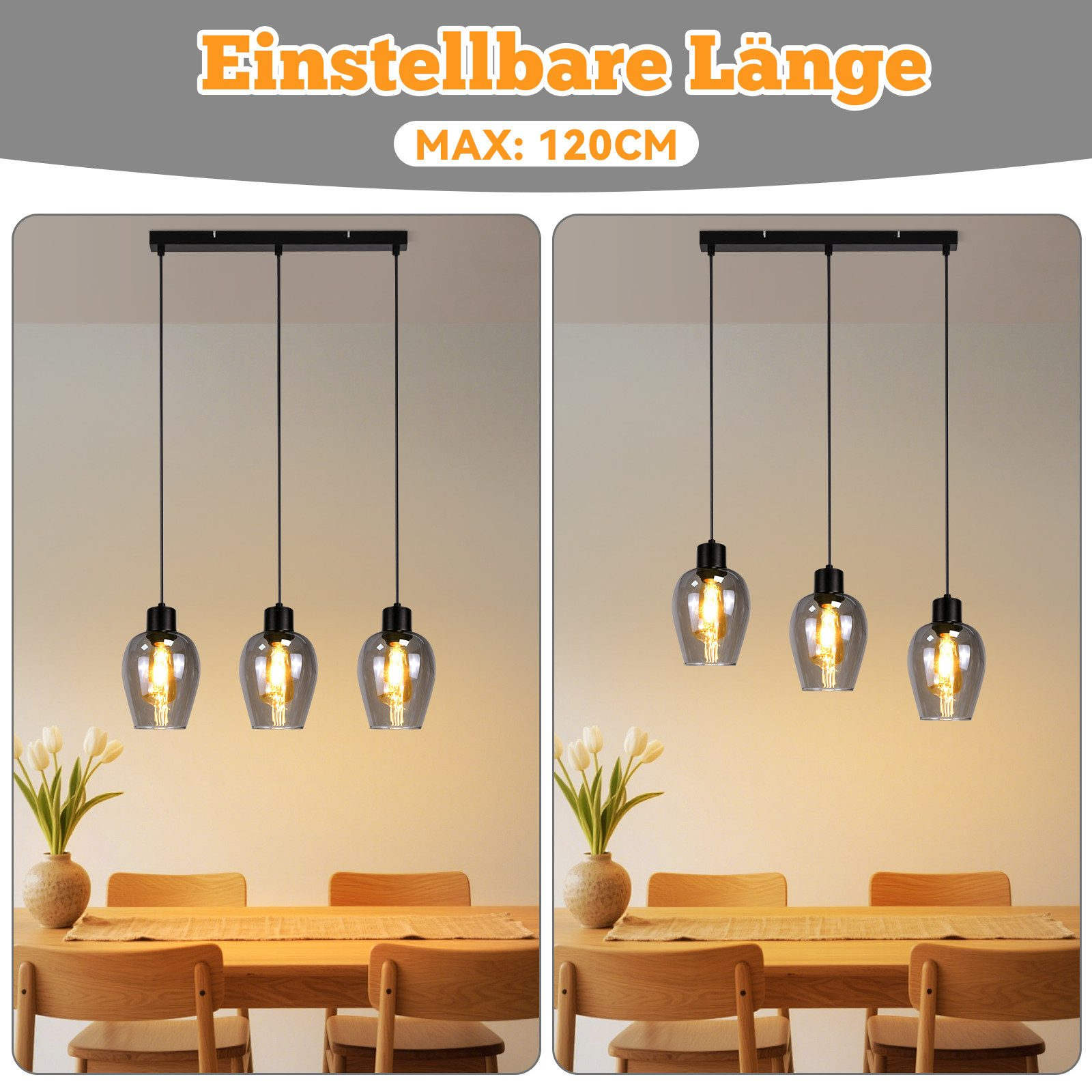 L'immagine mostra tre lampade a sospensione sopra un tavolo di legno. Ogni luce è un paralume in vetro con una lampadina visibile.