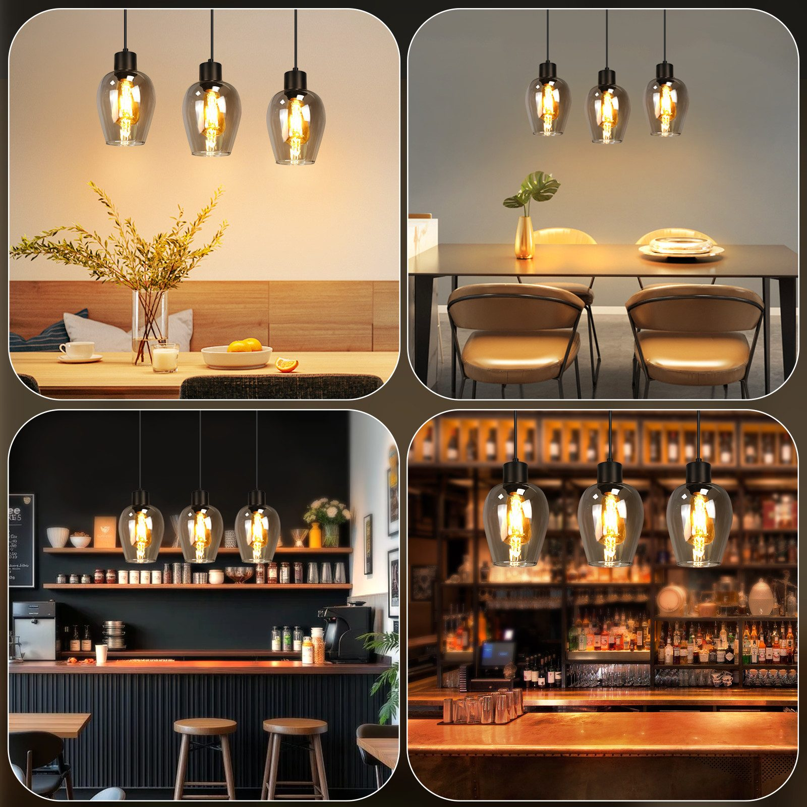 Quattro scene con lampade a sospensione. Una sopra un tavolo da pranzo con fiori, una sopra un tavolo con sedie, due sopra banconi bar.