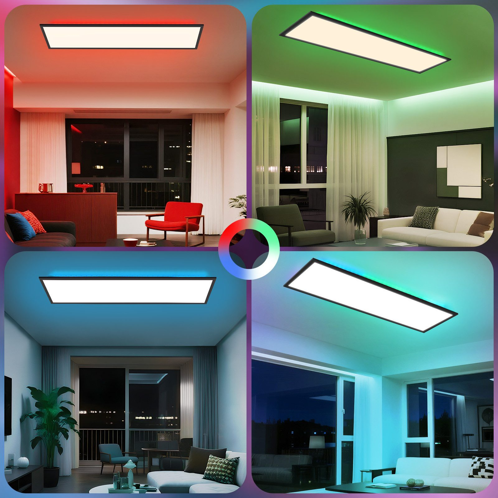 L'immagine mostra una plafoniera con opzioni colore. Ci sono quattro scene con diverse impostazioni della stanza.