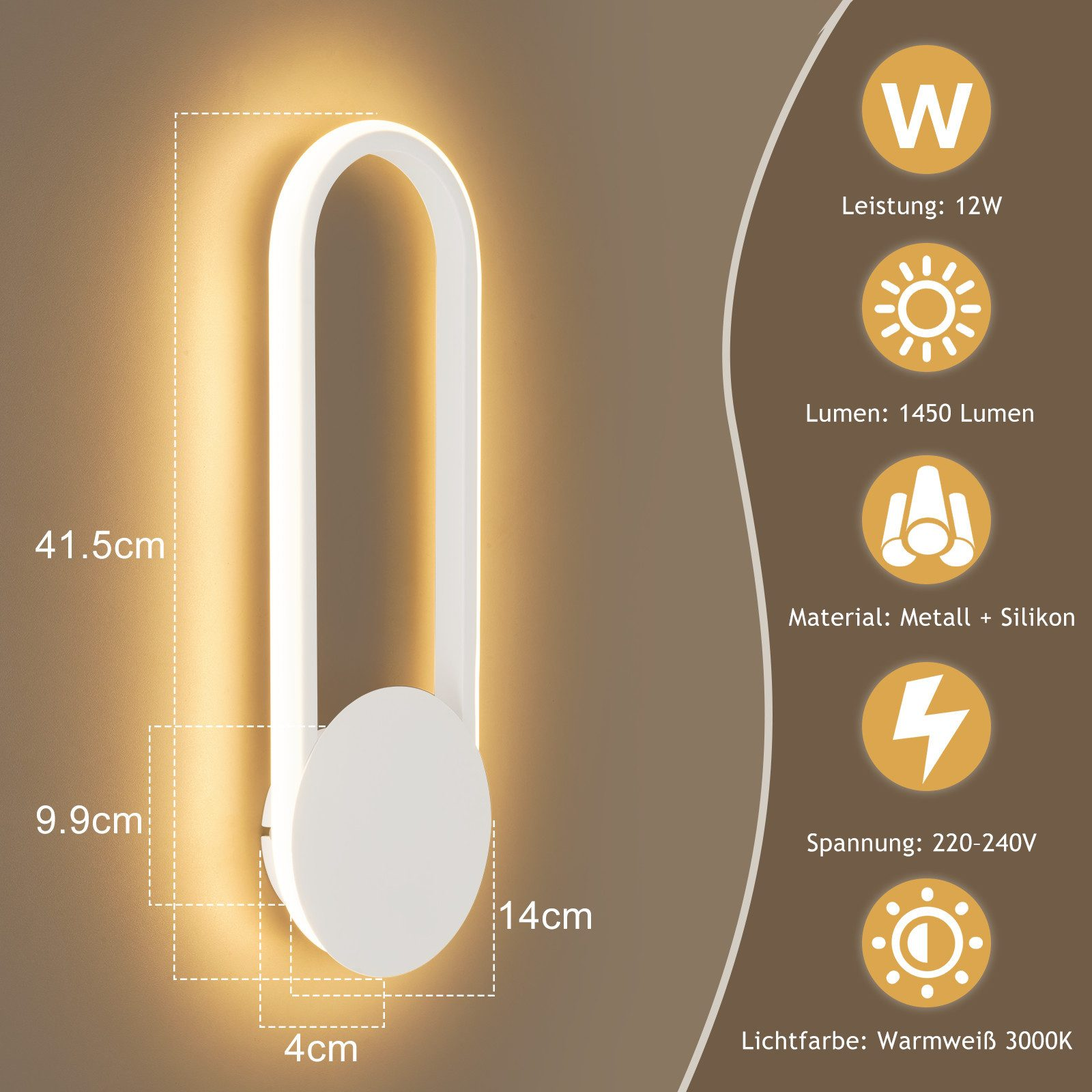 Una lampada da parete a LED bianca su un muro marrone. Ha dimensioni e specifiche visualizzate accanto.