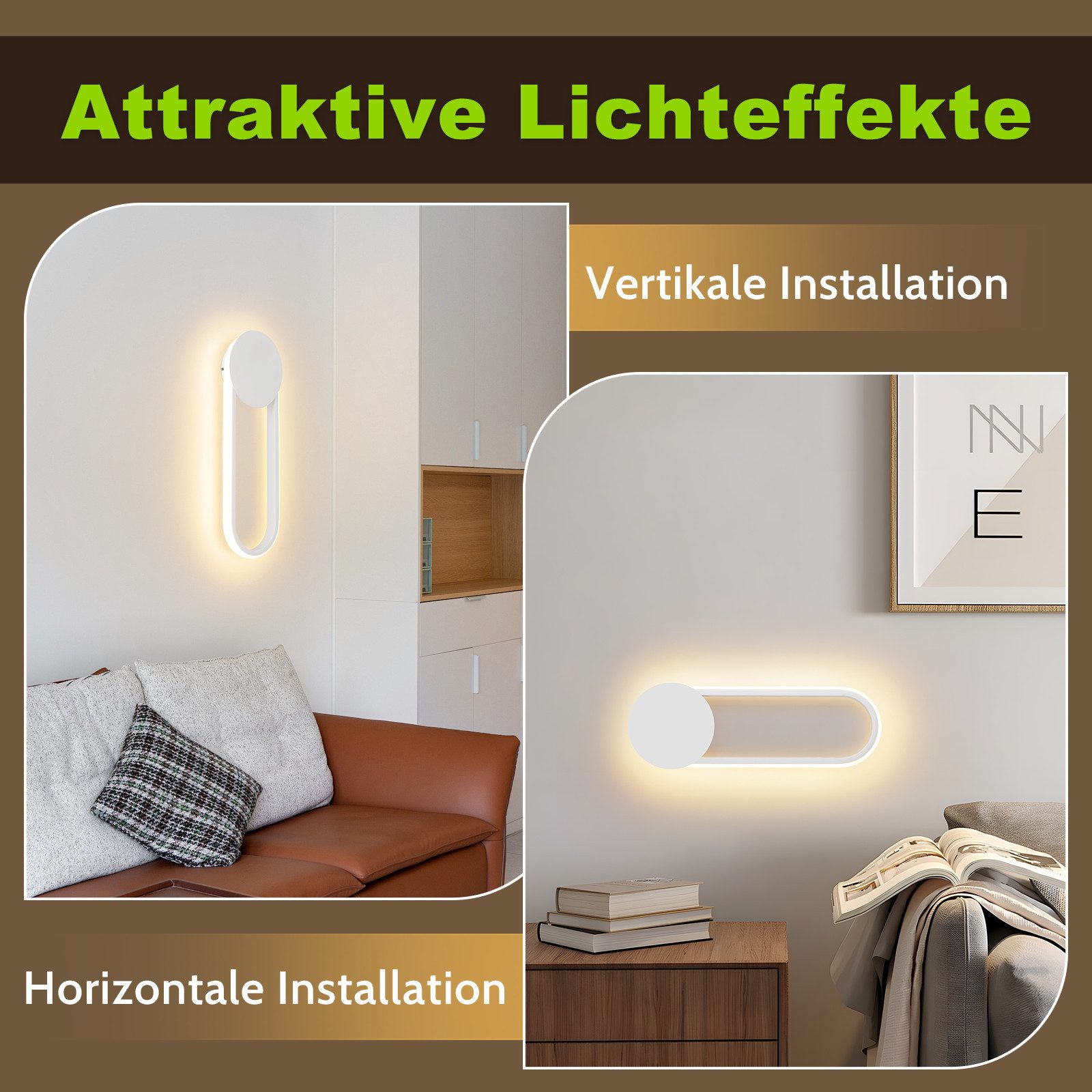 L'immagine mostra una lampada da parete moderna. È bianca e illumina il muro. L'immagine mostra la lampada in due installazioni.