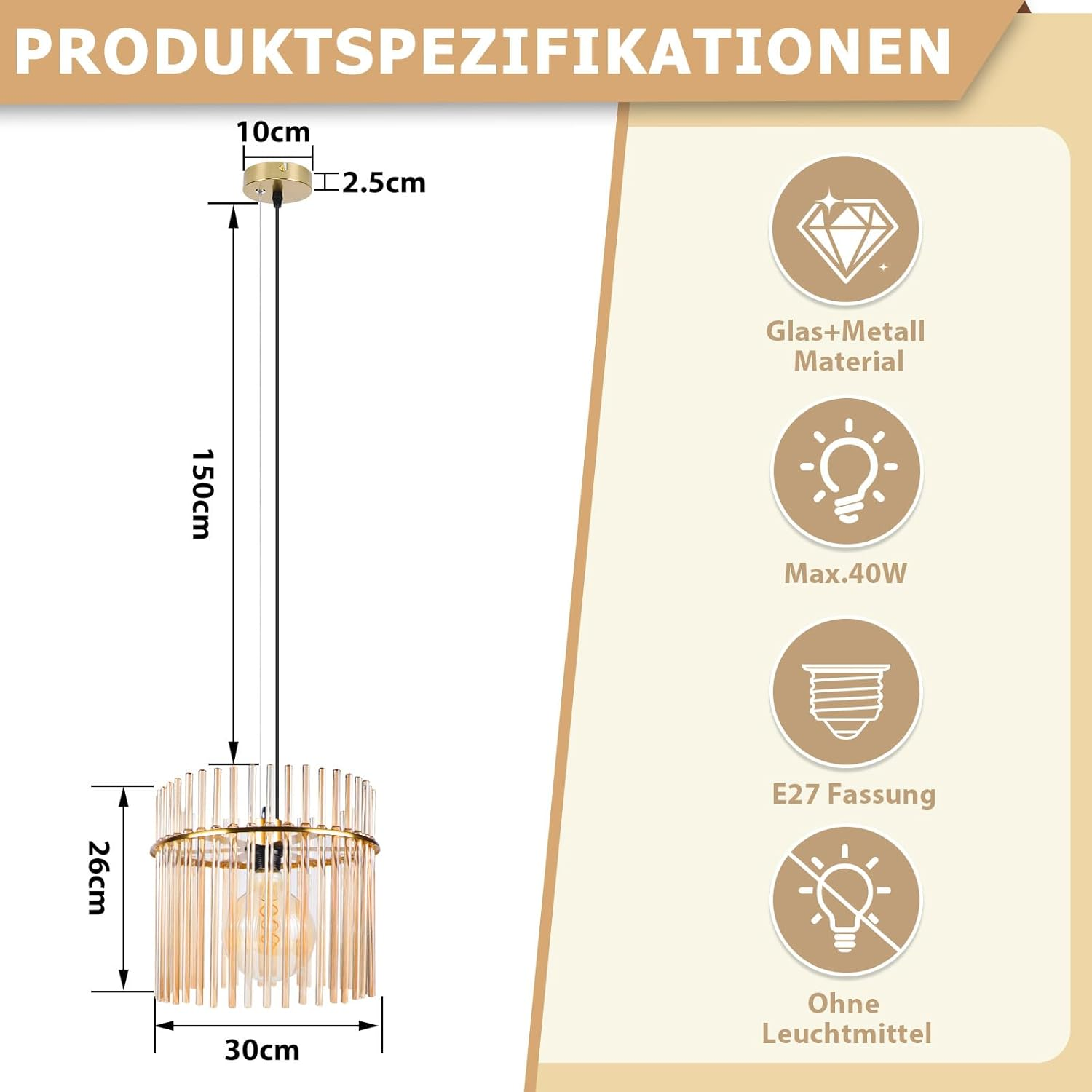 Una lampada a sospensione con dimensioni. Il testo mostra le specifiche del prodotto, inclusi materiale, potenza e informazioni sulla lampadina.