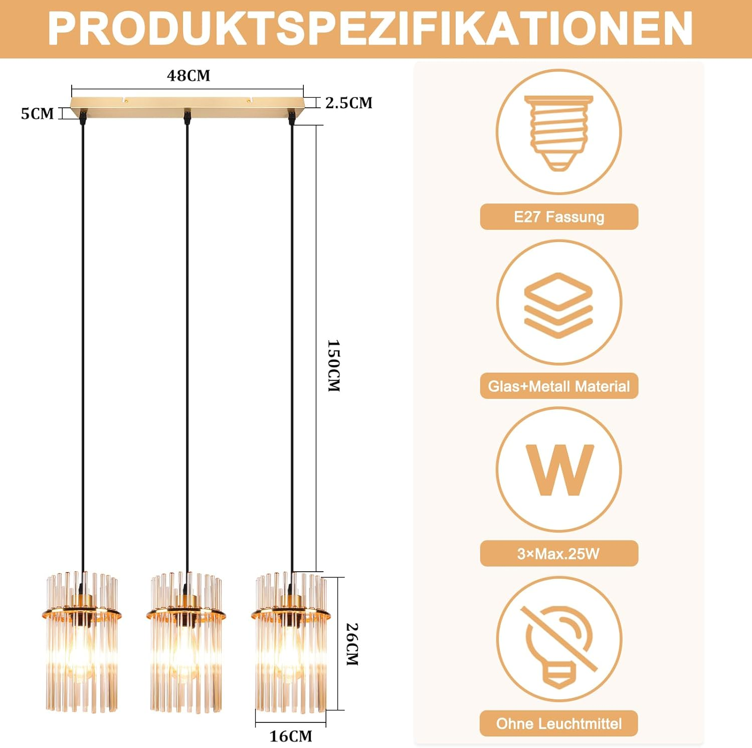 Moderner Kronleuchter mit drei zylindrischen Glasschirmen, goldenen Akzenten und rechteckiger Basis. Produktspezifikationen werden ebenfalls angezeigt.