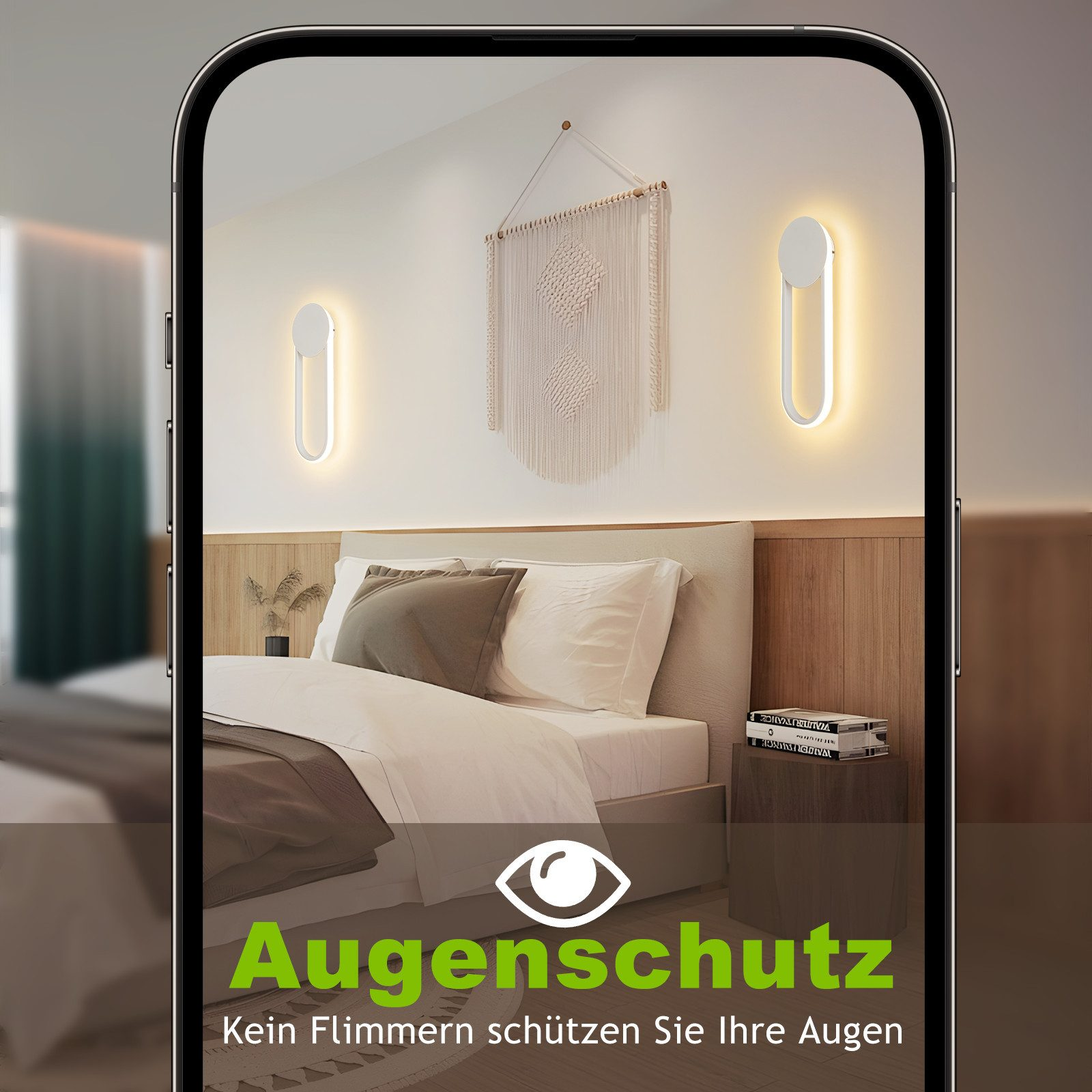 Scena di camera da letto con letto, luci a parete, macramè appeso. La cornice del telefono con testo di protezione degli occhi in primo piano.