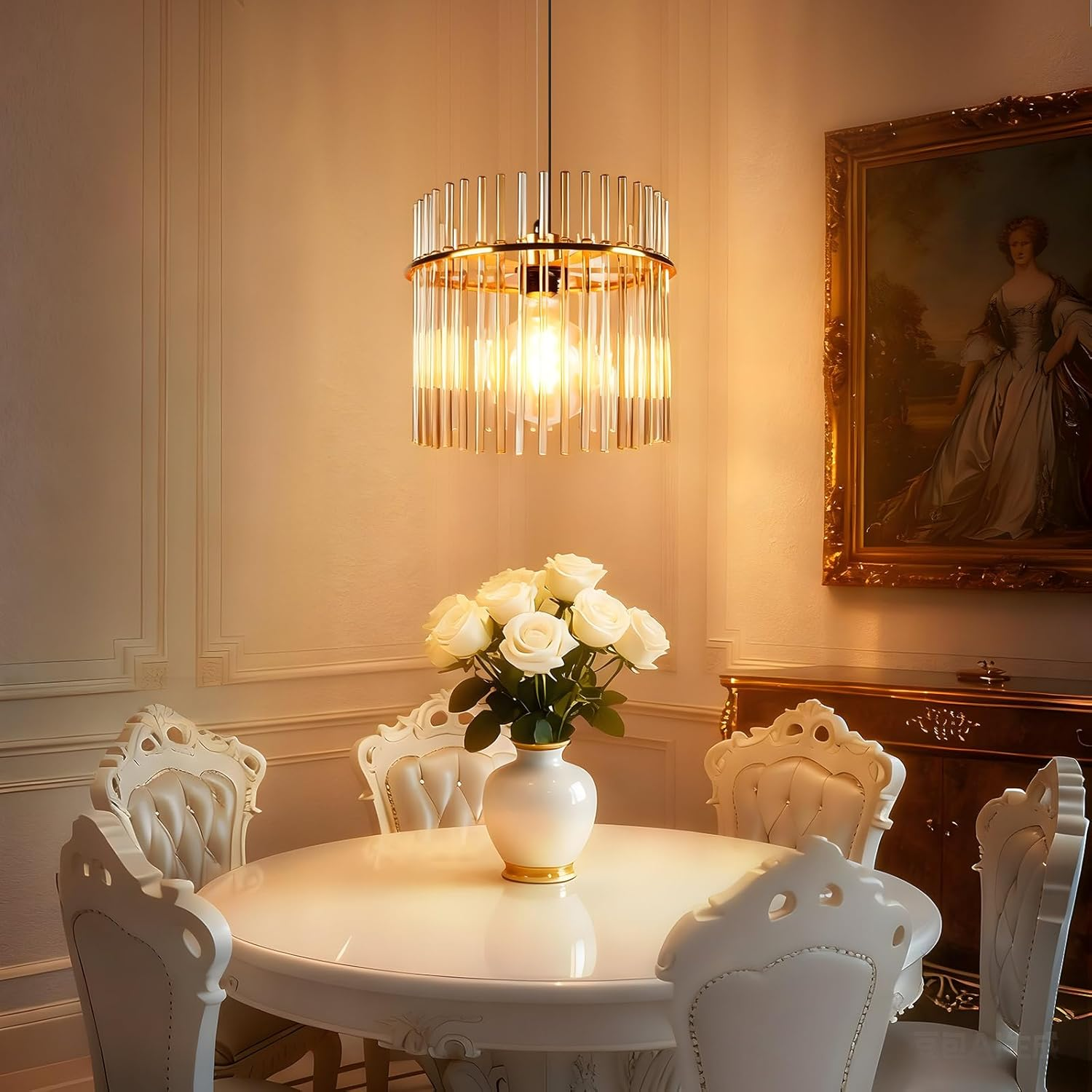 Una sala da pranzo con lampadario, tavolo con rose bianche e sedie. Un dipinto è appeso al muro.