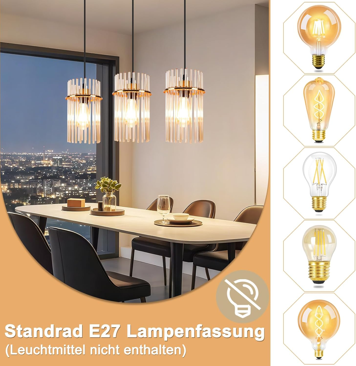 Esszimmer mit Hängelampen, Tisch, Stühlen und Stadtblick. Verschiedene Glühbirnenstile sind rechts abgebildet.