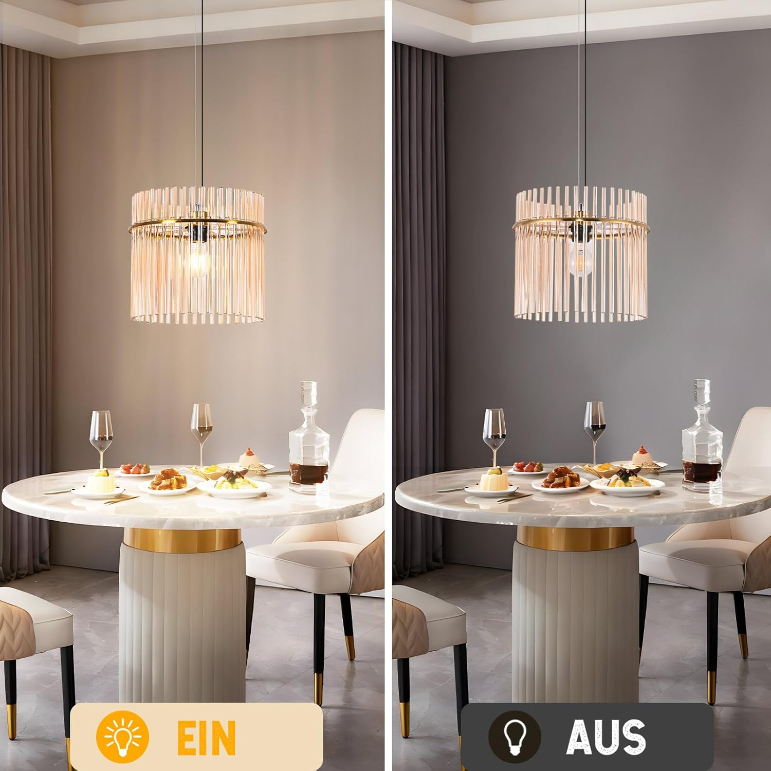 Scena di una sala da pranzo con tavolo rotondo, sedie e lampada a sospensione. Piatti di cibo sul tavolo. La luce è accesa/spenta in ogni scena.