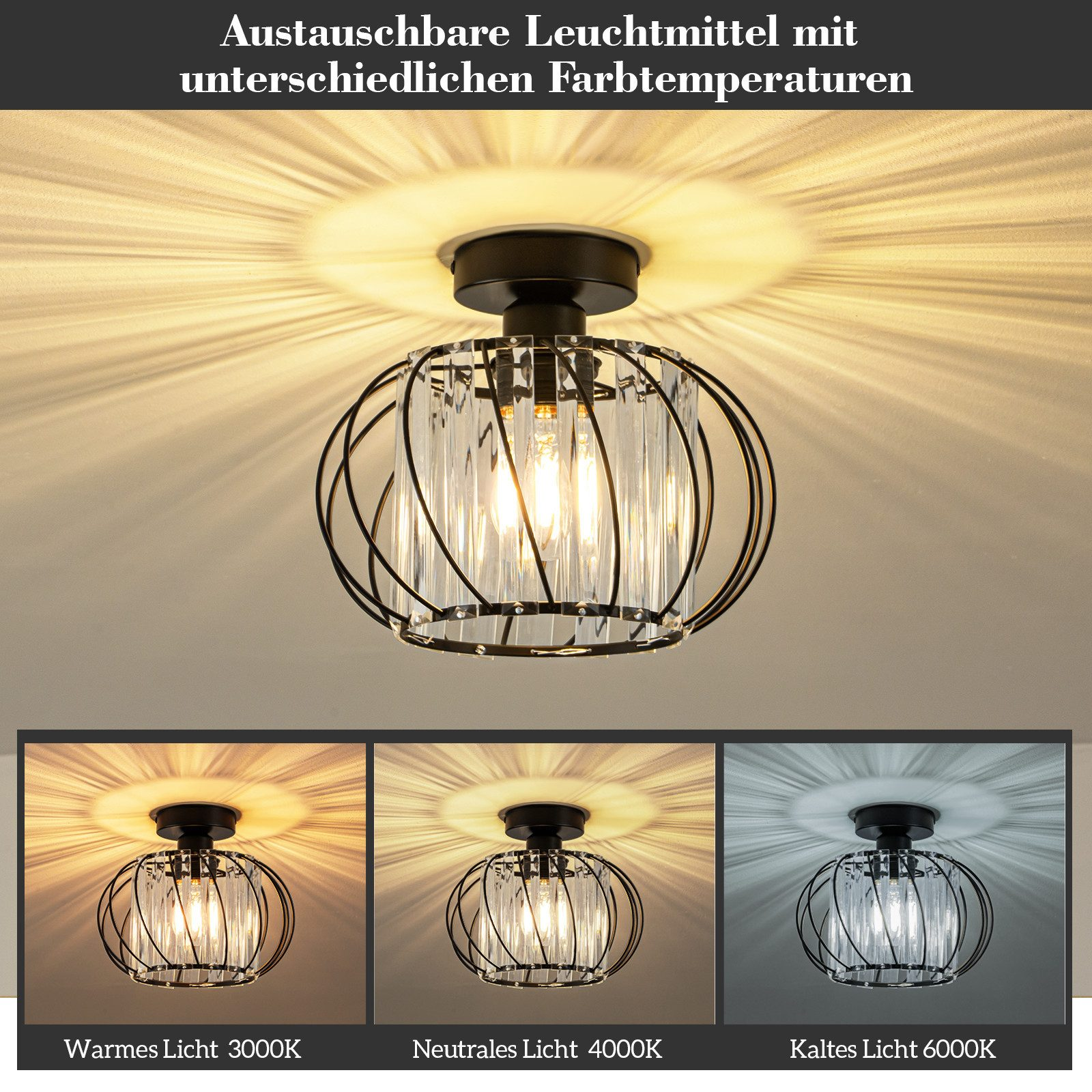 Lampada da soffitto con struttura in vetro e metallo nero. Mostra diverse temperature di luce: calda, neutra e fredda.