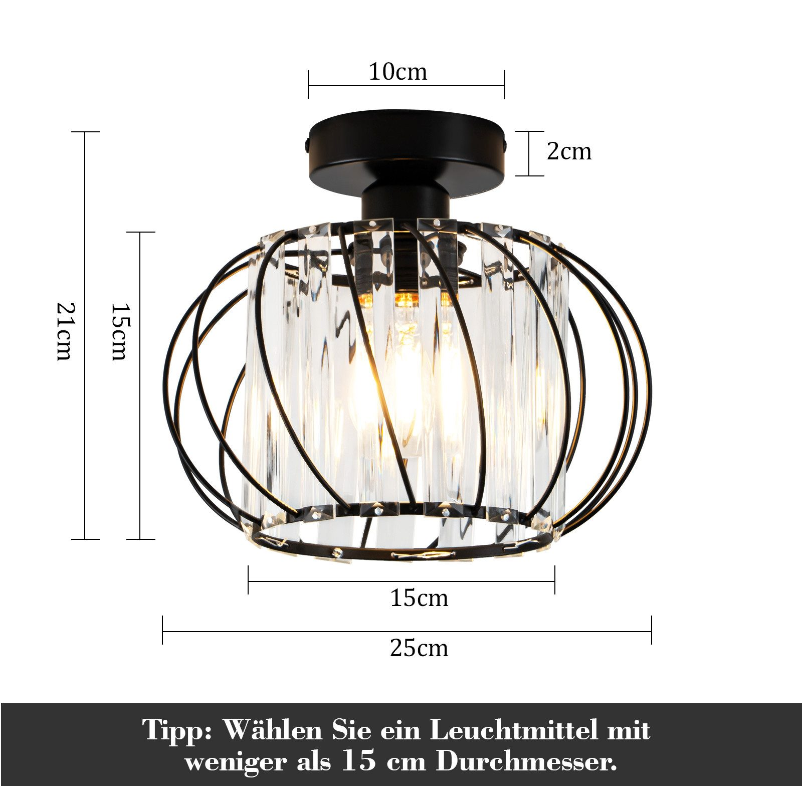 Lampada da soffitto moderna con struttura nera e dettagli in cristallo trasparente. Dimensioni indicate.