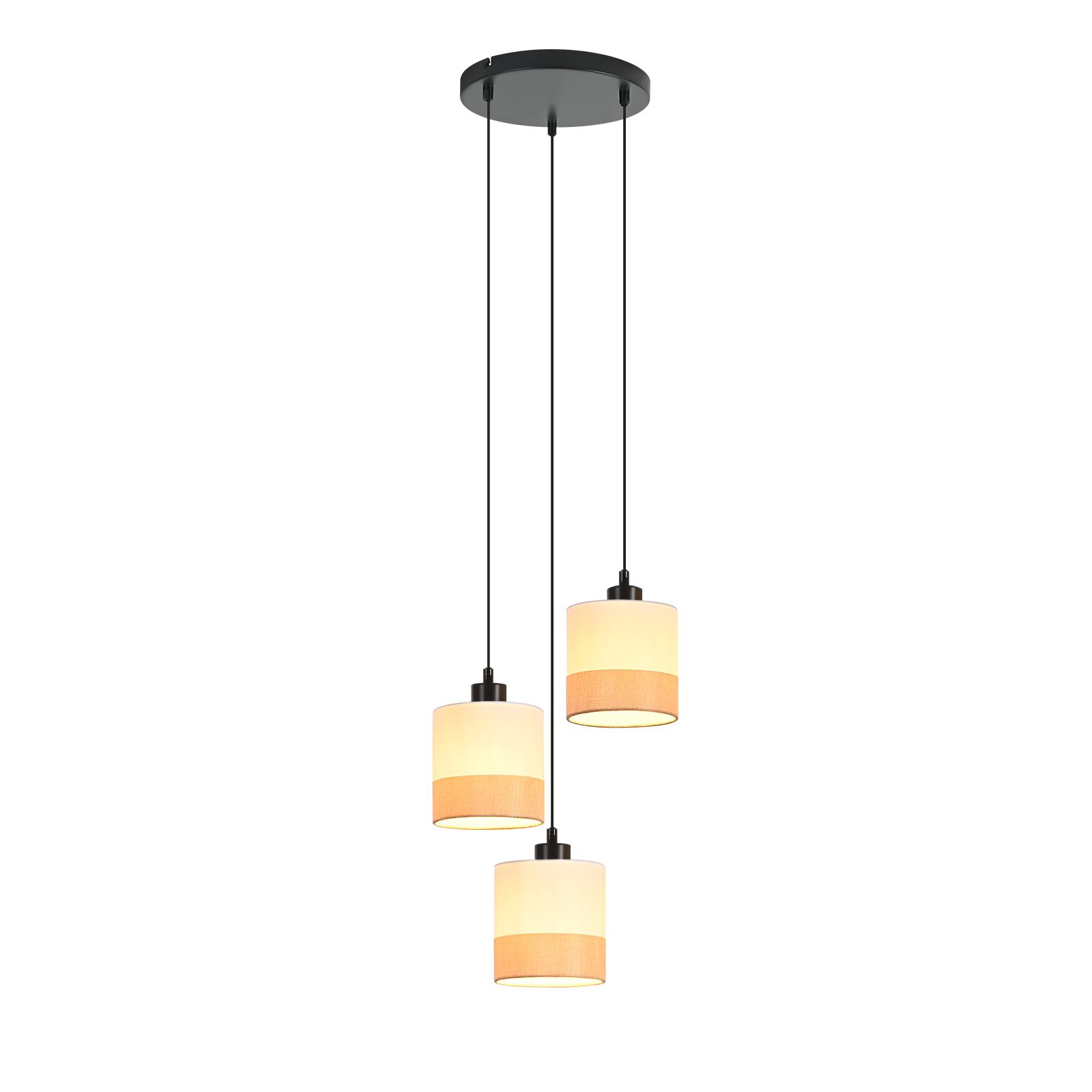 Tre lampade a sospensione con paralumi cilindrici. Ognuna ha la parte superiore bianca, fascia beige e hardware nero.