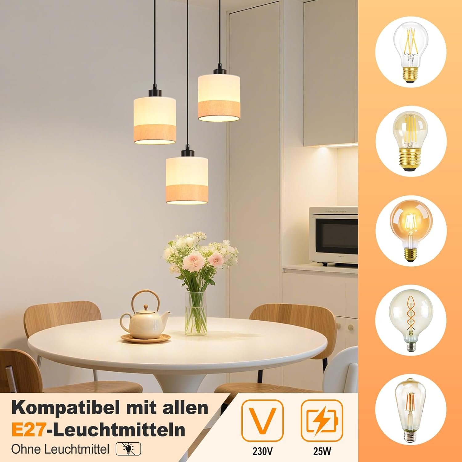 Una cucina con luci a sospensione, un tavolo con teiera e fiori, ed esempi di lampadine. Il testo recita: E27-Leuchtmitteln, 230V, 25W.