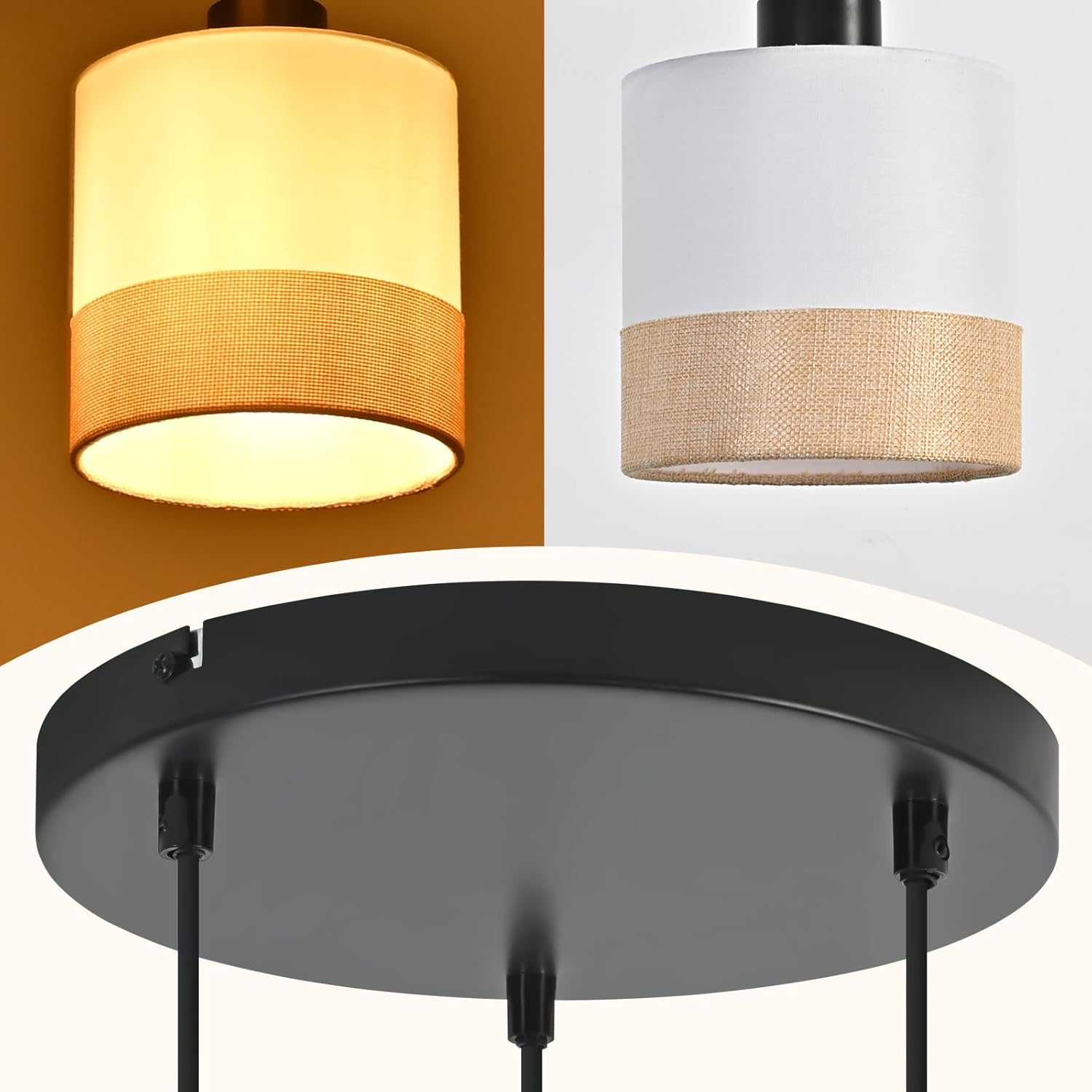 Tre lampade, due con paralumi cilindrici. Una è bianca e beige, l'altra bianca e marrone chiaro. Sotto c'è una piastra da soffitto nera.