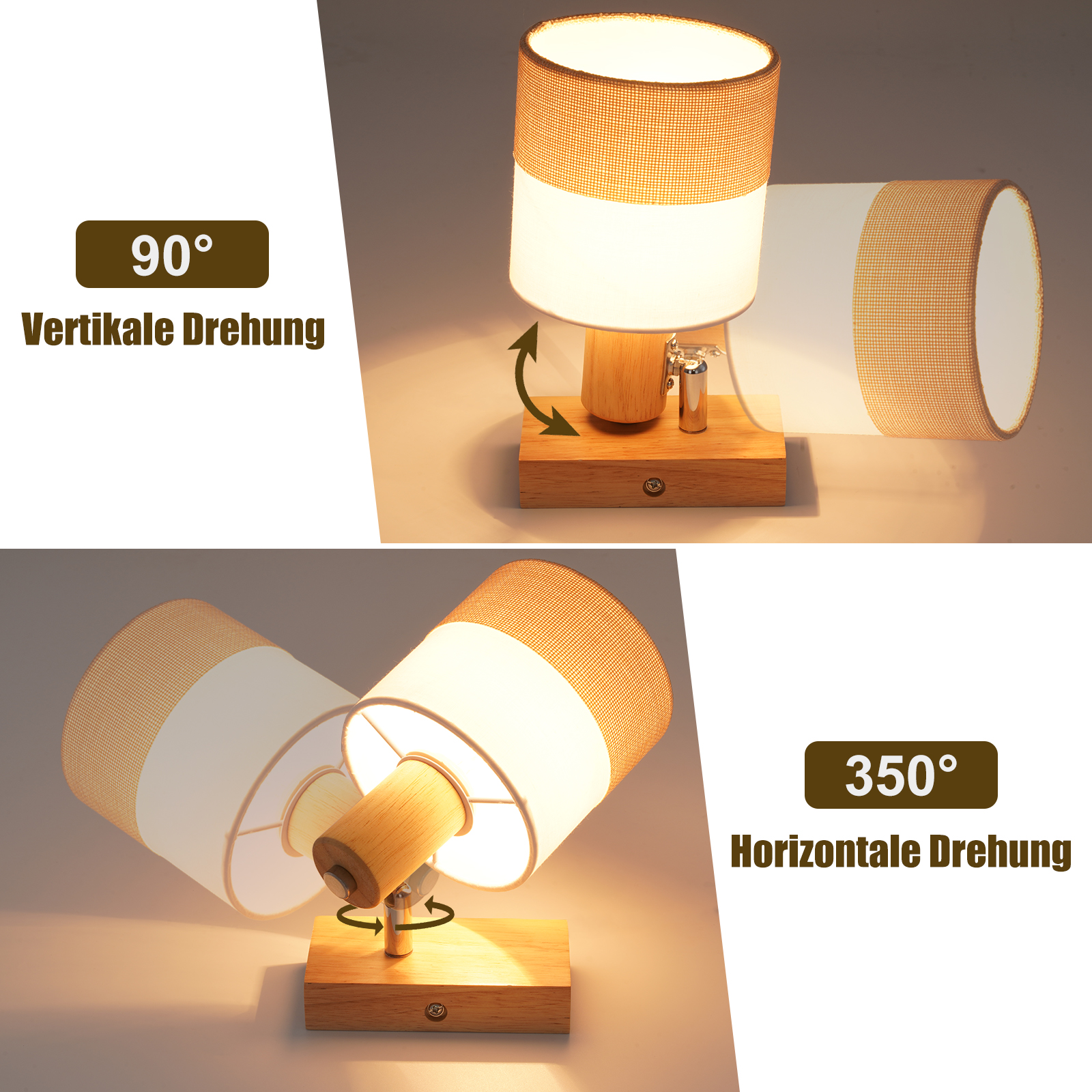 Una moderna lampada in legno con paralume girevole. Mostra opzioni di rotazione di 90 e 350 gradi e colori bianco e marrone.