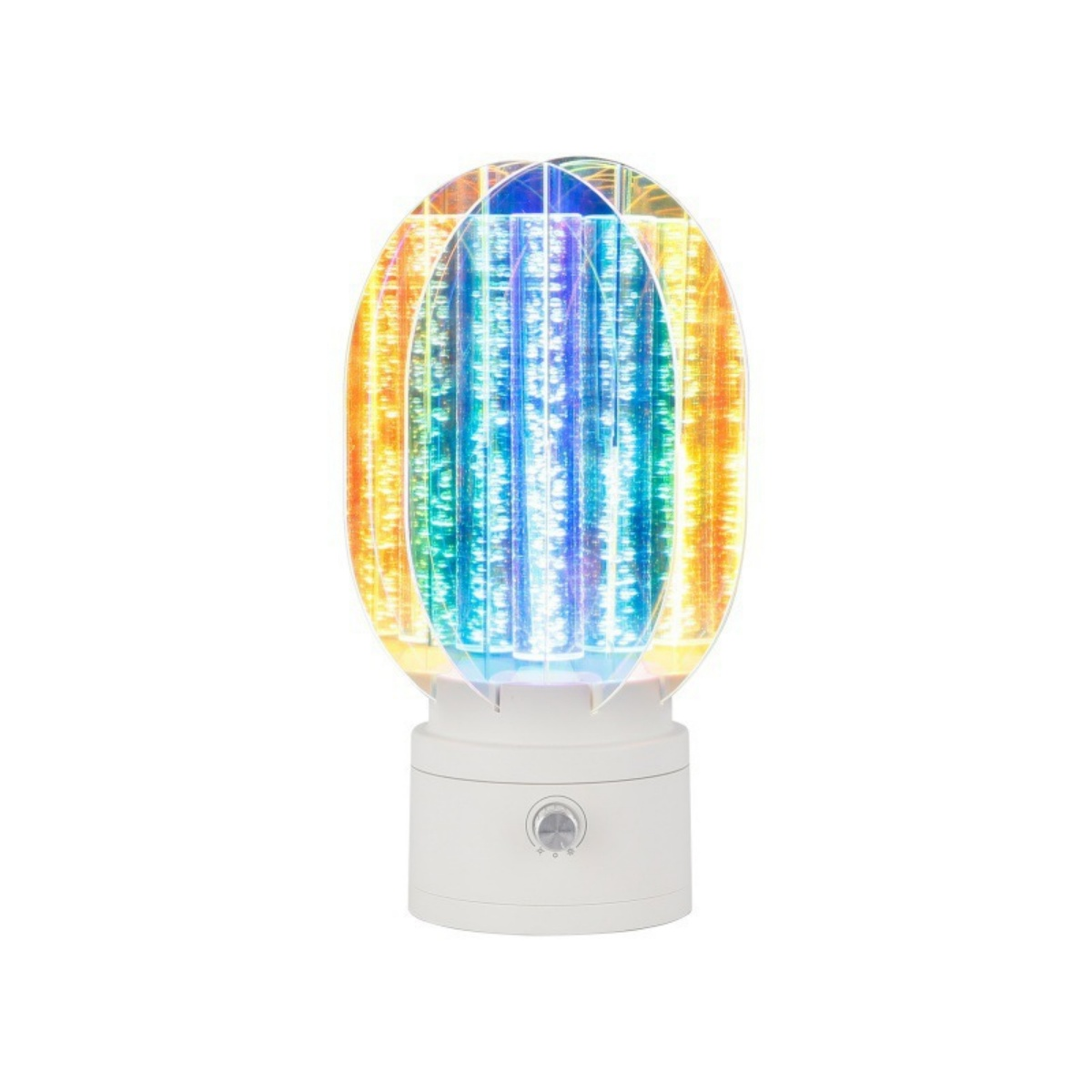 Ein weißes Nachtlicht mit farbenfrohem, ovalem Licht. Es hat einen Dimmer und strahlt Regenbogenfarben aus.