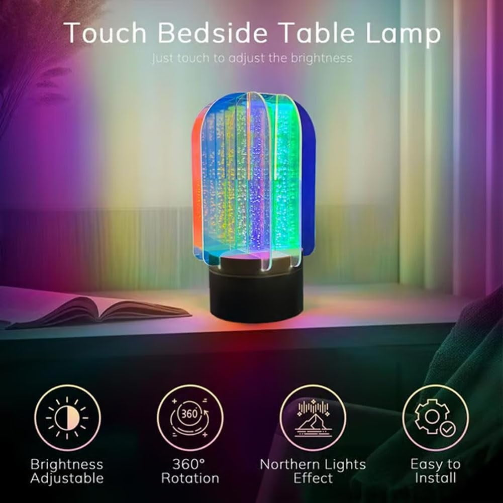 Eine bunte Nachttischlampe mit einstellbarer Helligkeit, 360°-Drehung und Nordlichteffekt. Es ist einfach zu installieren. Ein Buch ist links geöffnet.