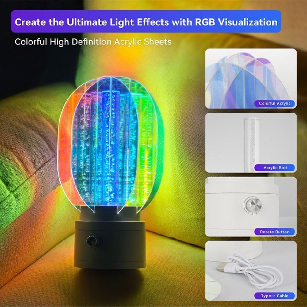Eine farbenfrohe RGB-Lampe mit Acrylplatten. Elemente umfassen: buntes Acryl, Stab, Drehtaste und ein Typ-C-Kabel.