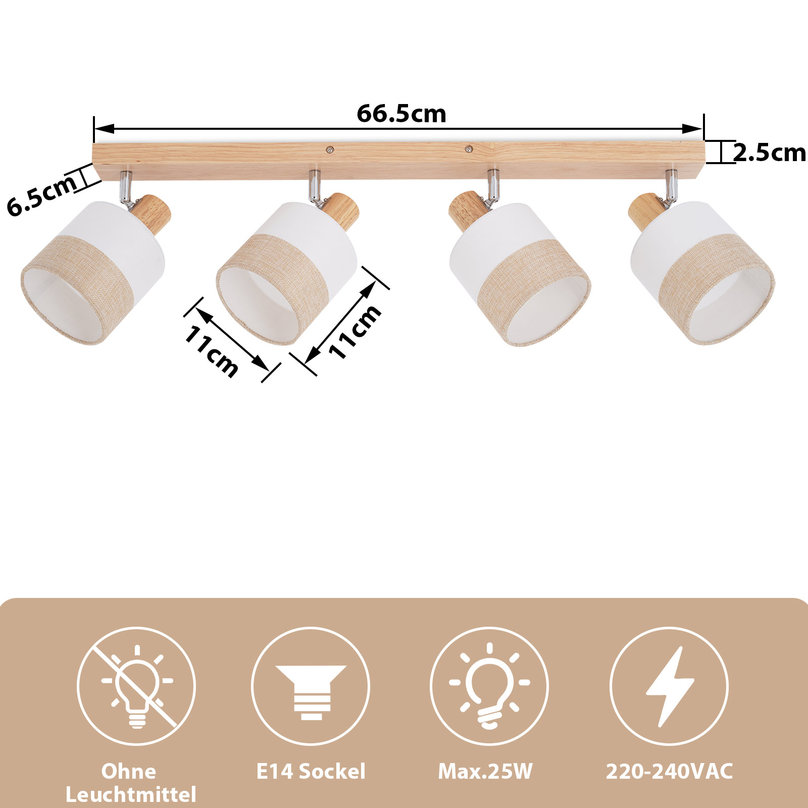 Un apparecchio di illuminazione in legno con quattro paralumi cilindrici, bianchi e beige. Dimensioni fornite.