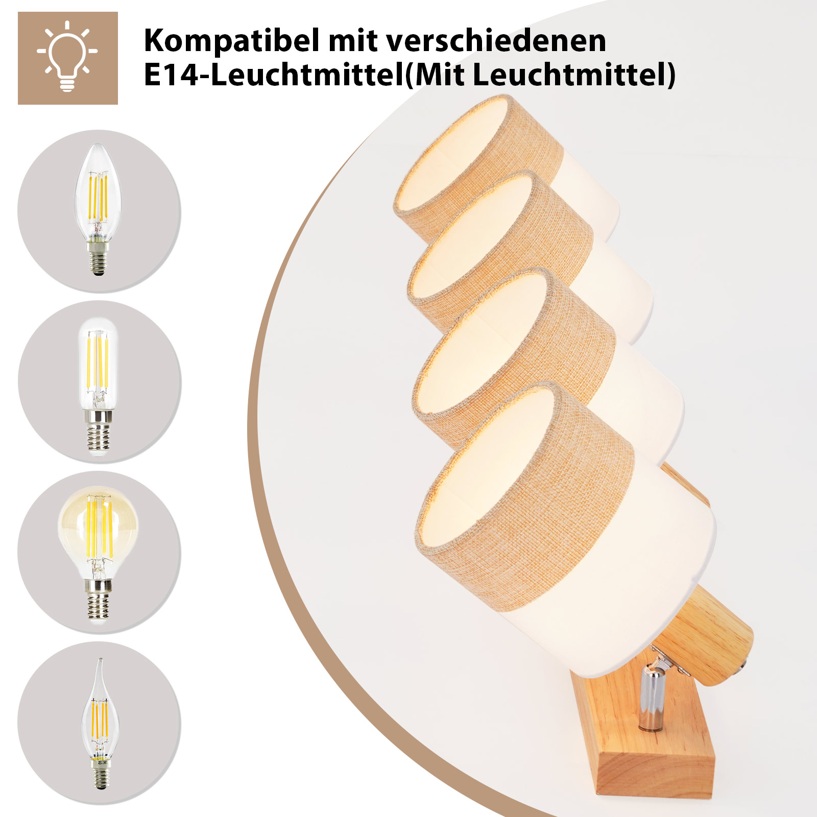Una lampada con quattro paralumi, lampadine in cerchi a sinistra. I paralumi sono beige e bianchi.