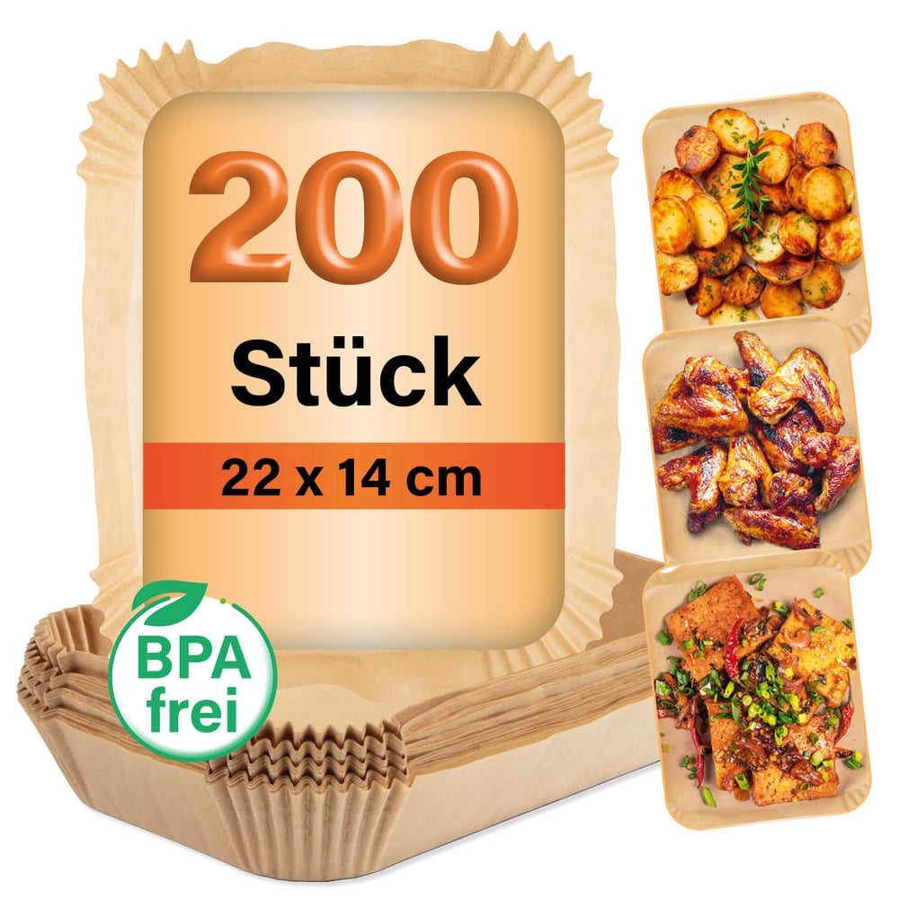 Eine Packung mit 200 Papierbackförmchen. Es zeigt Bratkartoffeln, Hähnchenflügel und Tofu mit Gemüse. BPA-freies Logo ist sichtbar.