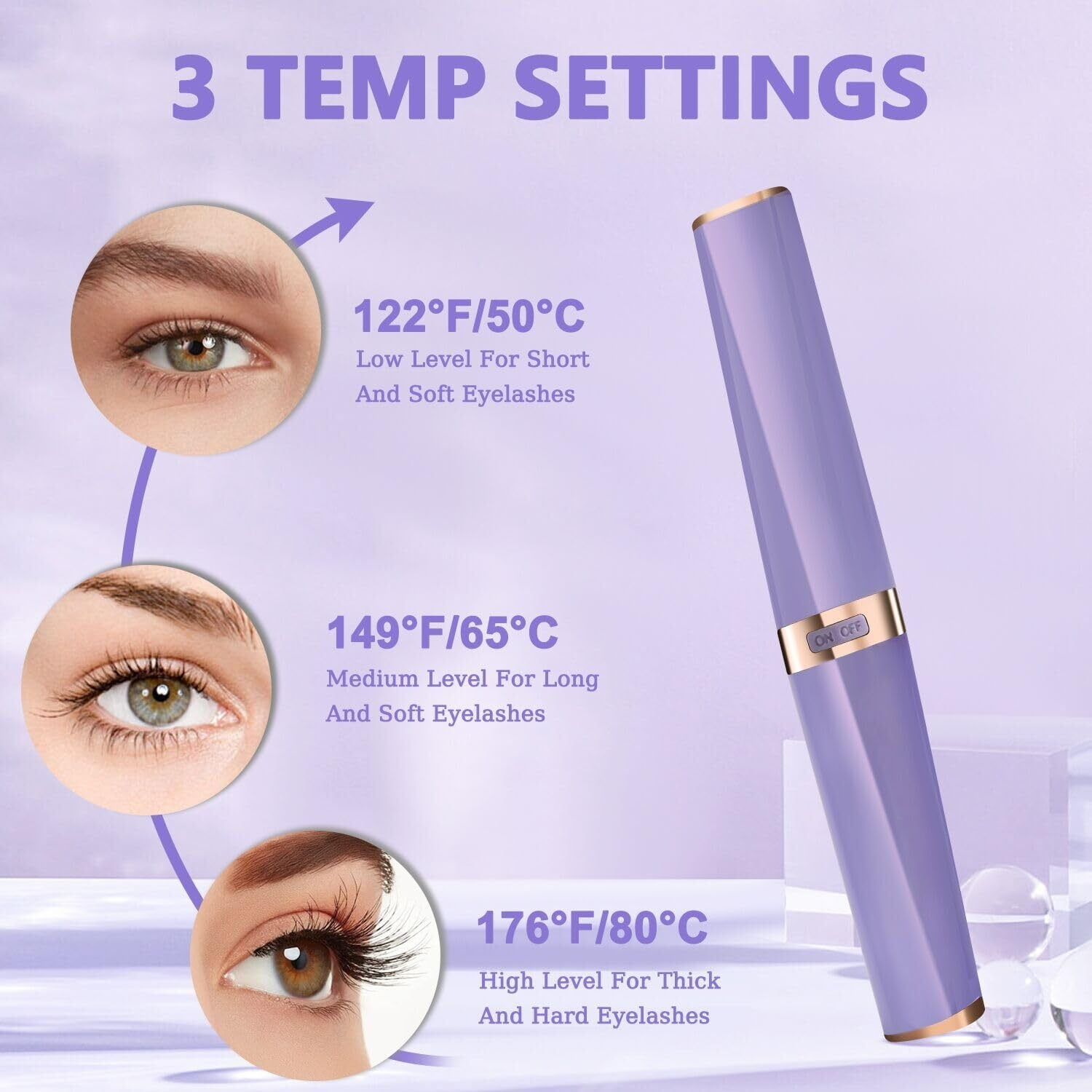 Das Bild zeigt einen Wimpernformer mit 3 Temperatureinstellungen. Es enthält Augen mit Beschreibungen für kurze, lange und dicke Wimpern.
