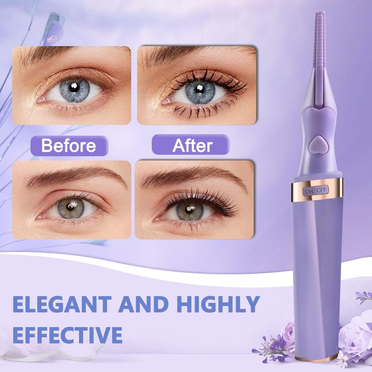Das Bild zeigt Augen vor und nach der Verwendung eines Wimperncurlers. Rechts ist ein lila Wimperncurler. Text: 'Elegant und sehr effektiv'.