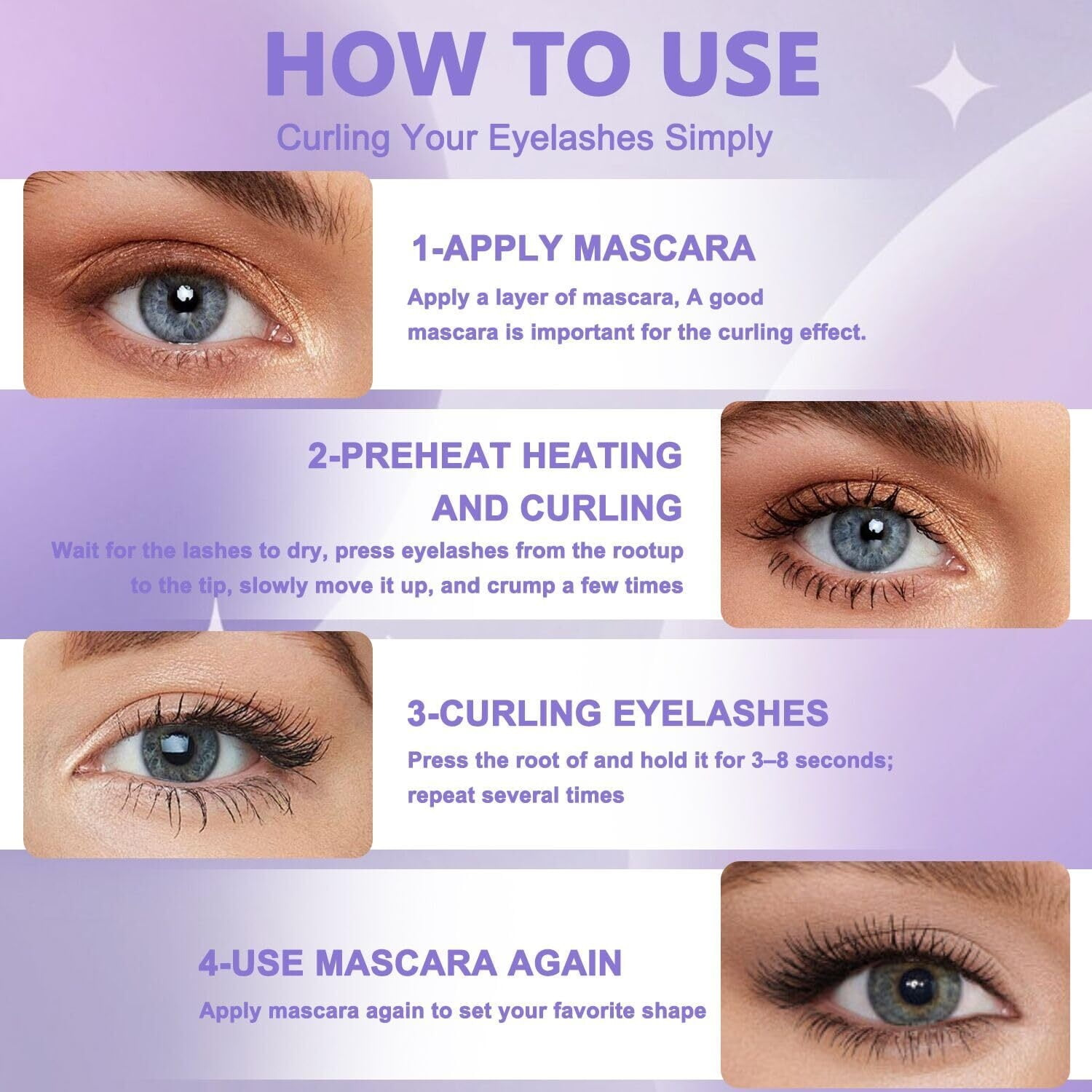 Das Bild zeigt Schritte zum Wimpern-Curling: Mascara auftragen, vorheizen, locken und erneut Mascara auftragen. Jeder Schritt mit Augenbildern.
