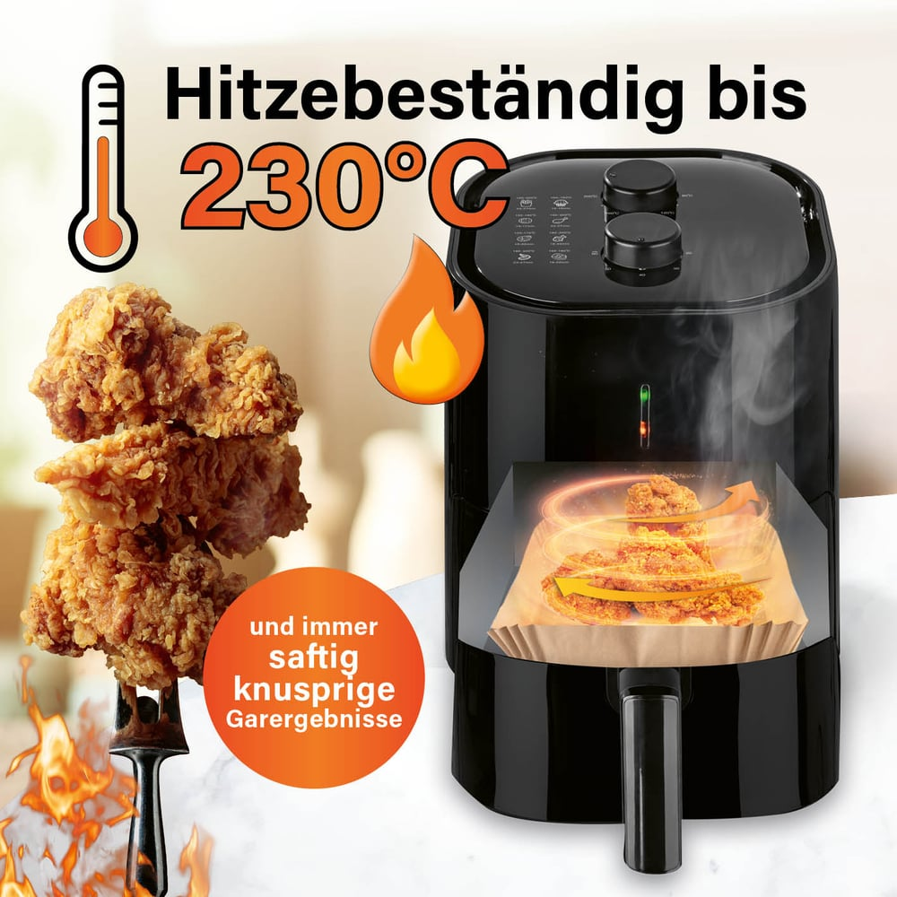 Eine Heißluftfritteuse mit Hähnchen, Thermometer und Text, der Hitzebeständigkeit bis zu 230 Grad Celsius anzeigt.