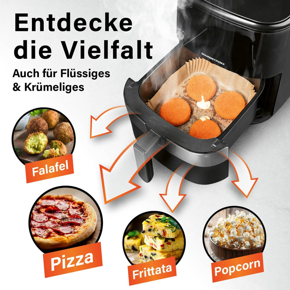 Eine Heißluftfritteuse mit Essensbeispielen: Falafel, Pizza, Frittata, Popcorn und orangefarbene Brötchen. Text: Entdecke die Vielfalt.