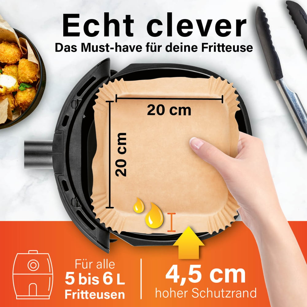Eine Hand hält einen Papierliner in einer Heißluftfritteuse. Text enthält Maße und lautet 'Echt clever' und 'Für alle 5 bis 6 L Fritteusen'.