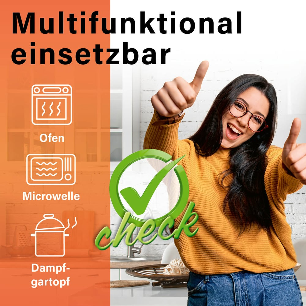 Eine Frau in gelbem Pullover und Brille hebt die Daumen. Text und Symbole von Küchengeräten im Hintergrund.