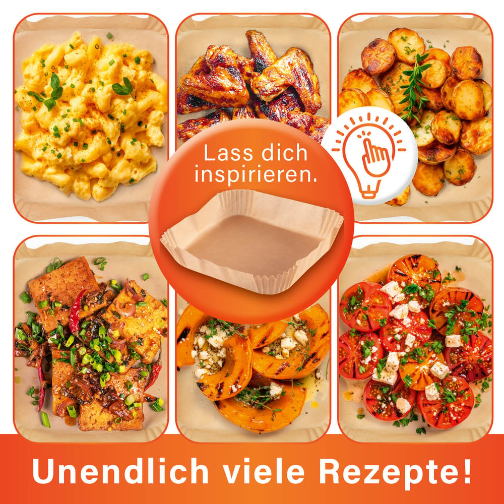 Das Bild zeigt verschiedene gekochte Gerichte: Pasta, Hähnchenflügel, Kartoffeln, Tofu, Kürbis und Tomaten, alle auf Backpapier.