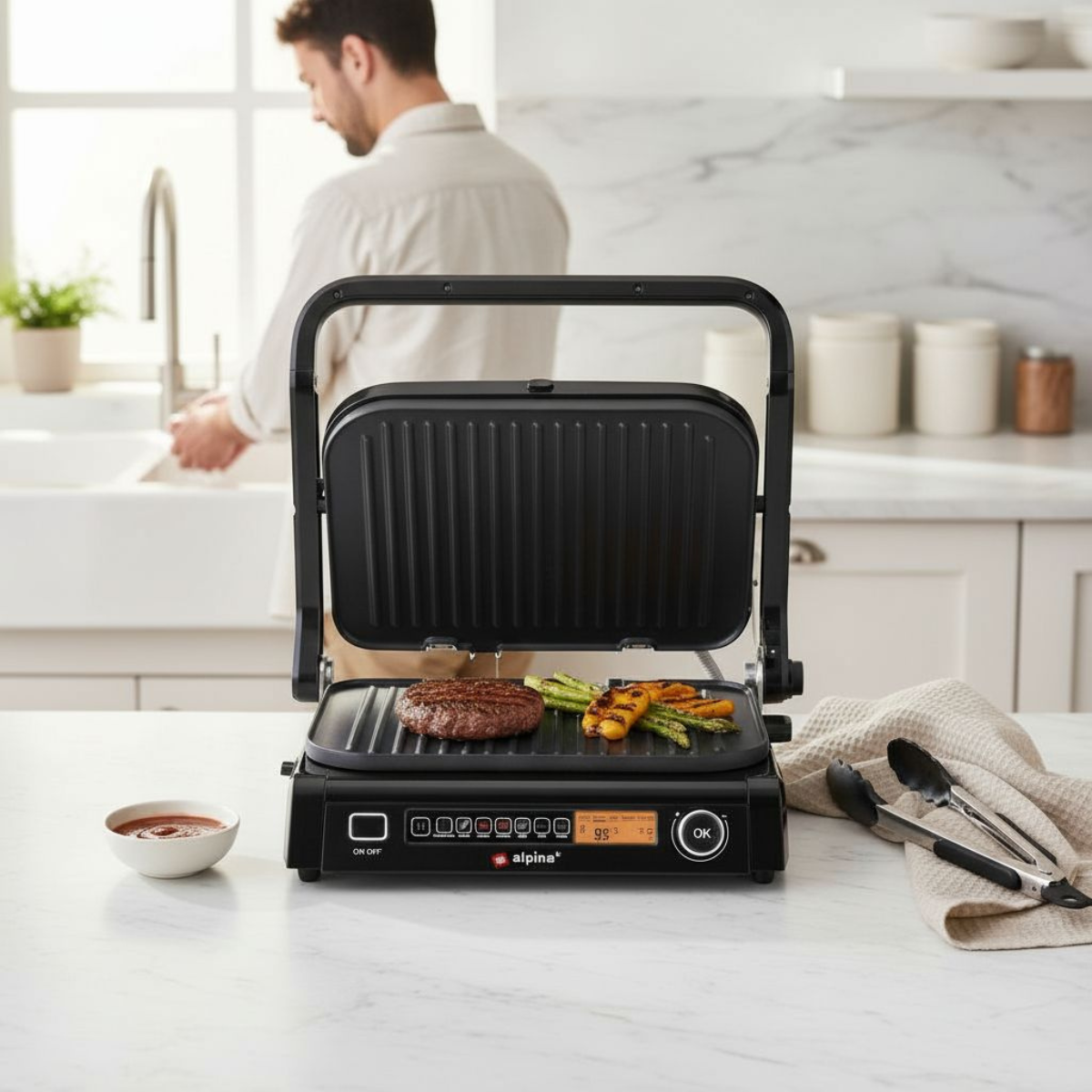 A man is in the background. A grill with a burger and vegetables on a table. Ketchup and tongs are near.