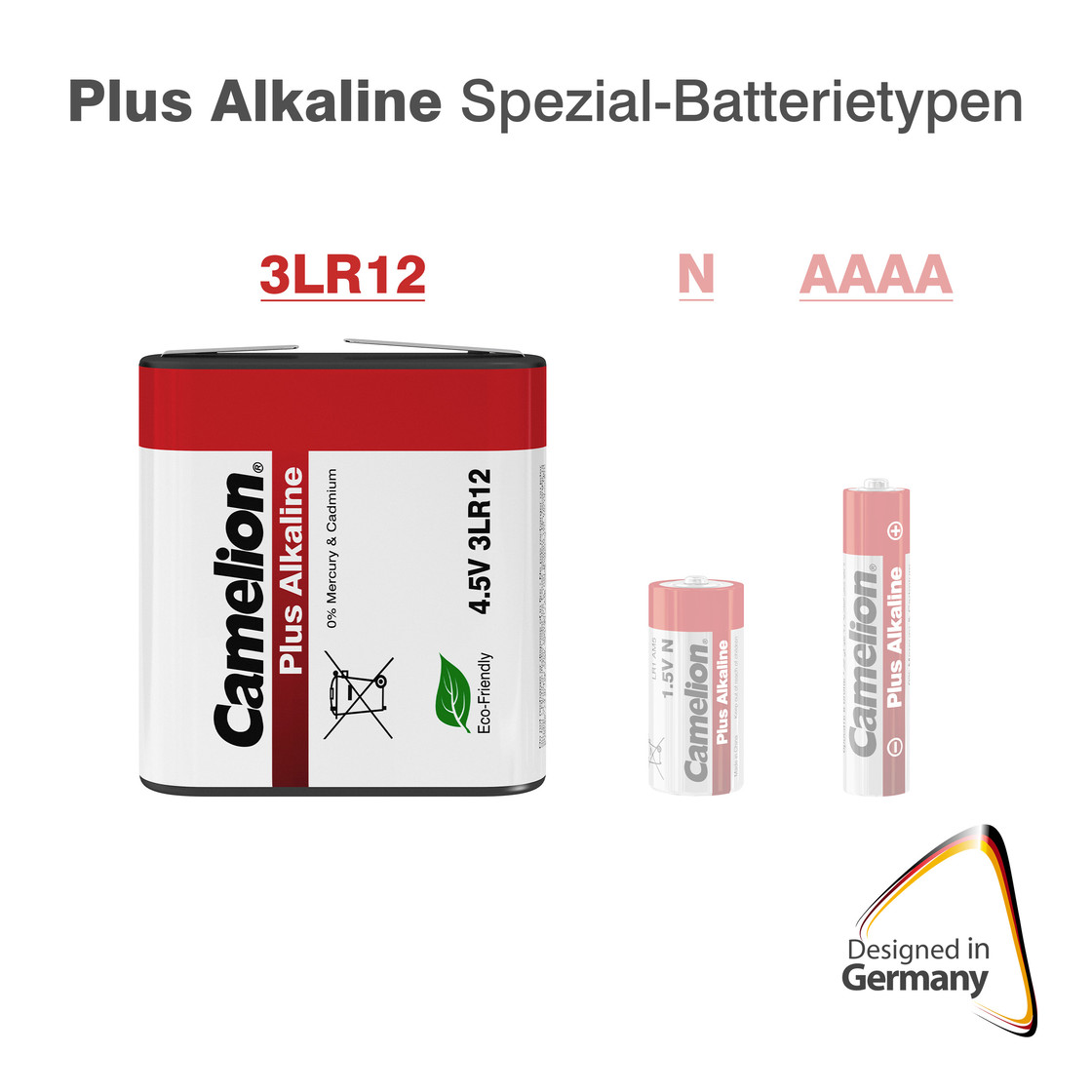 Afbeelding toont batterijtypen. Een grote rechthoekige batterij, twee kleinere cilindrische batterijen en tekst met batterijspecificaties en merknaam.