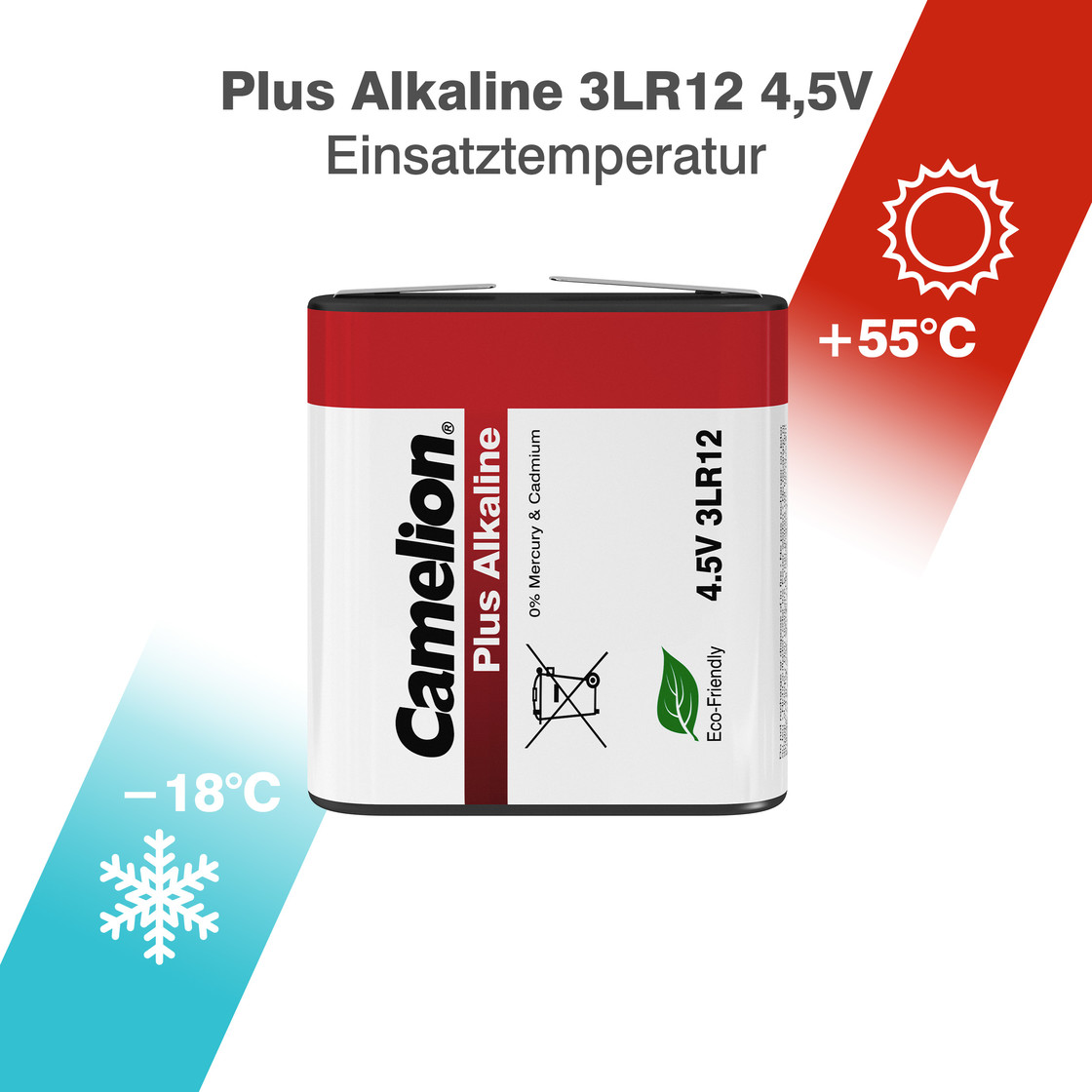 Een Camelion Plus Alkaline 3LR12 4,5V batterij. Toont temperatuurbereiken van -18°C tot +55°C. Milieuvriendelijk zonder kwik of cadmium.