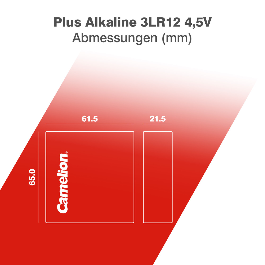 Diagram van een Camelion-batterij. Het heeft afmetingen en een rode achtergrond. De tekst zegt Plus Alkaline 3LR12 4,5V.
