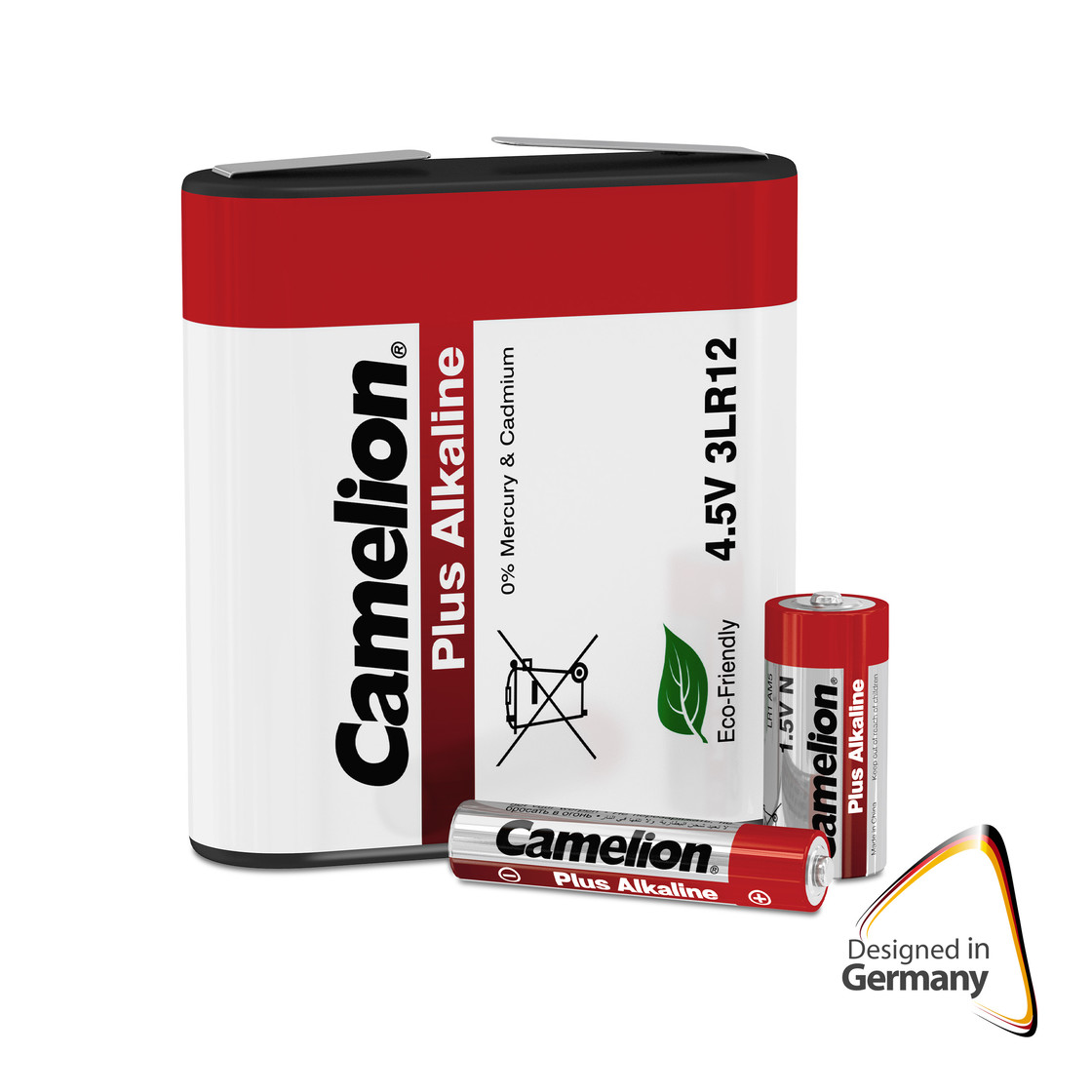 Afbeelding toont drie Camelion-batterijen: groot rood-wit, klein rood-wit en een cilindrische.