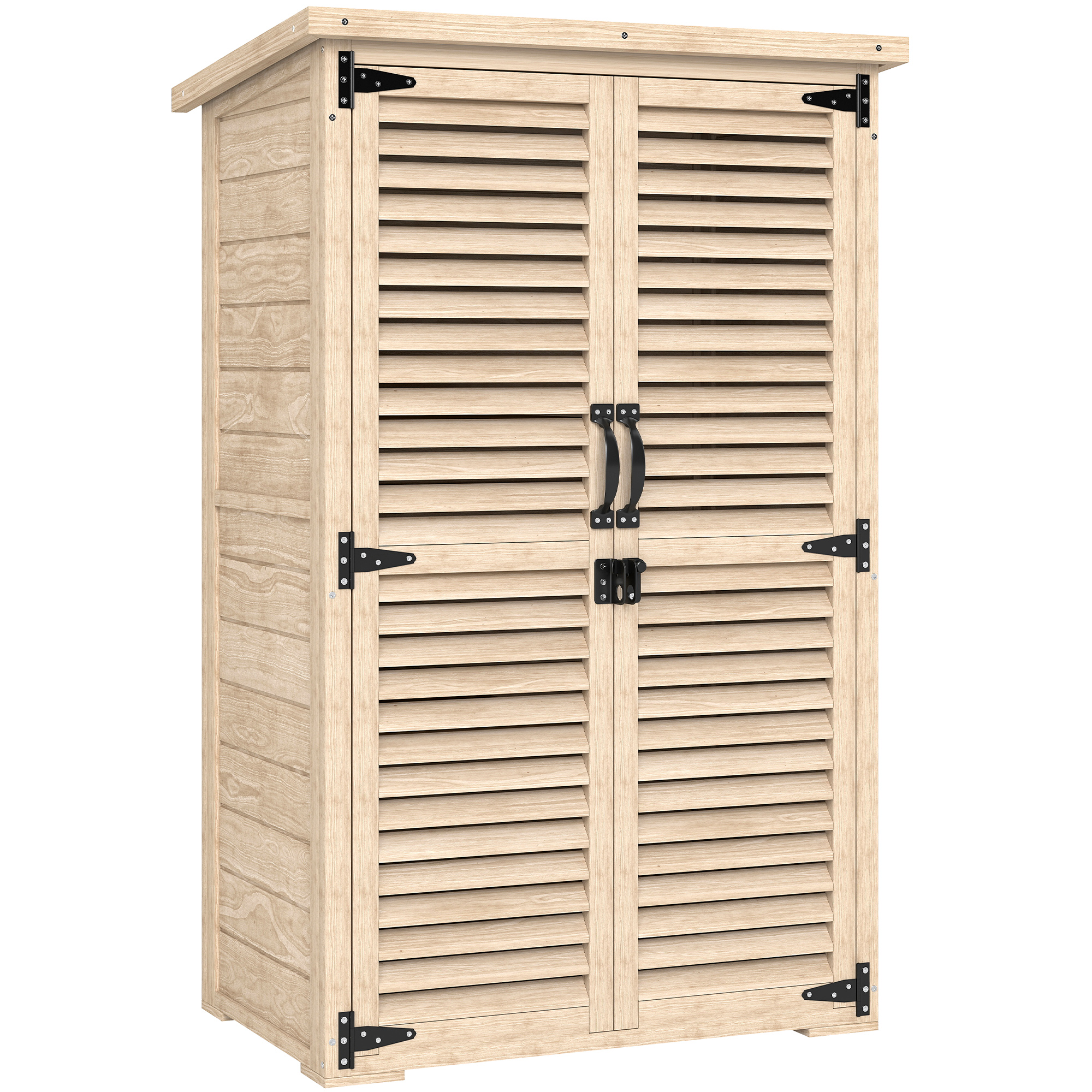 Un mobile contenitore da esterno in legno chiaro con ante a persiana. Cerniere e maniglie nere visibili.